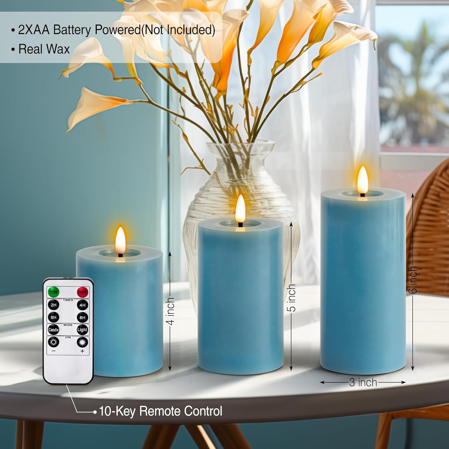 Flameless Candles Teal Battery Operated Pillar Real Wax LED Electric Candles Warm Light 3D Wick Flickering with 10-Key Remote for Home Wedding Decoration D 3" H 4" 5" 6"(Set of 3)