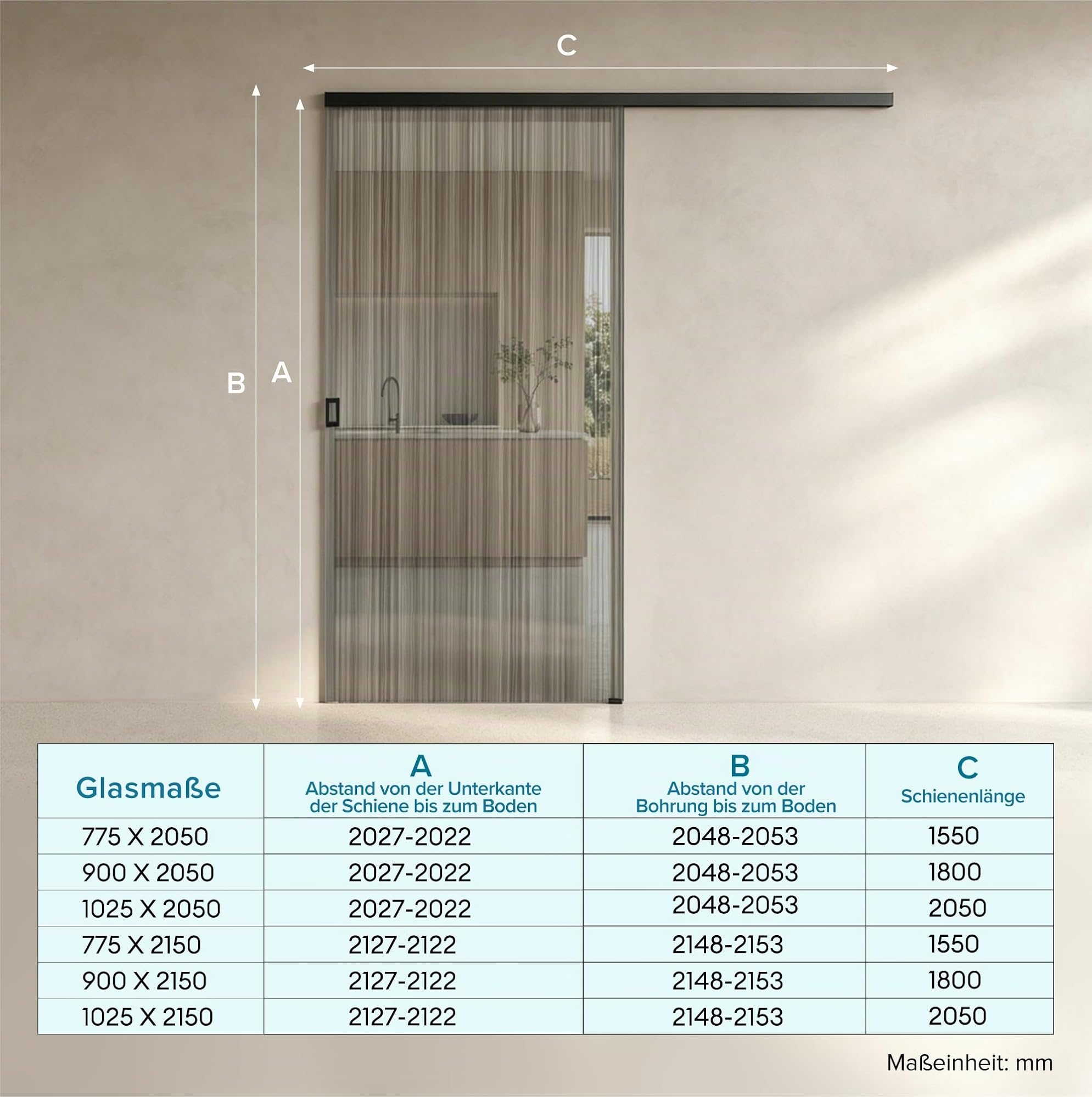 doporro Glasschiebetür Komplettset Softclose 90 x 205 cm Schiebetür