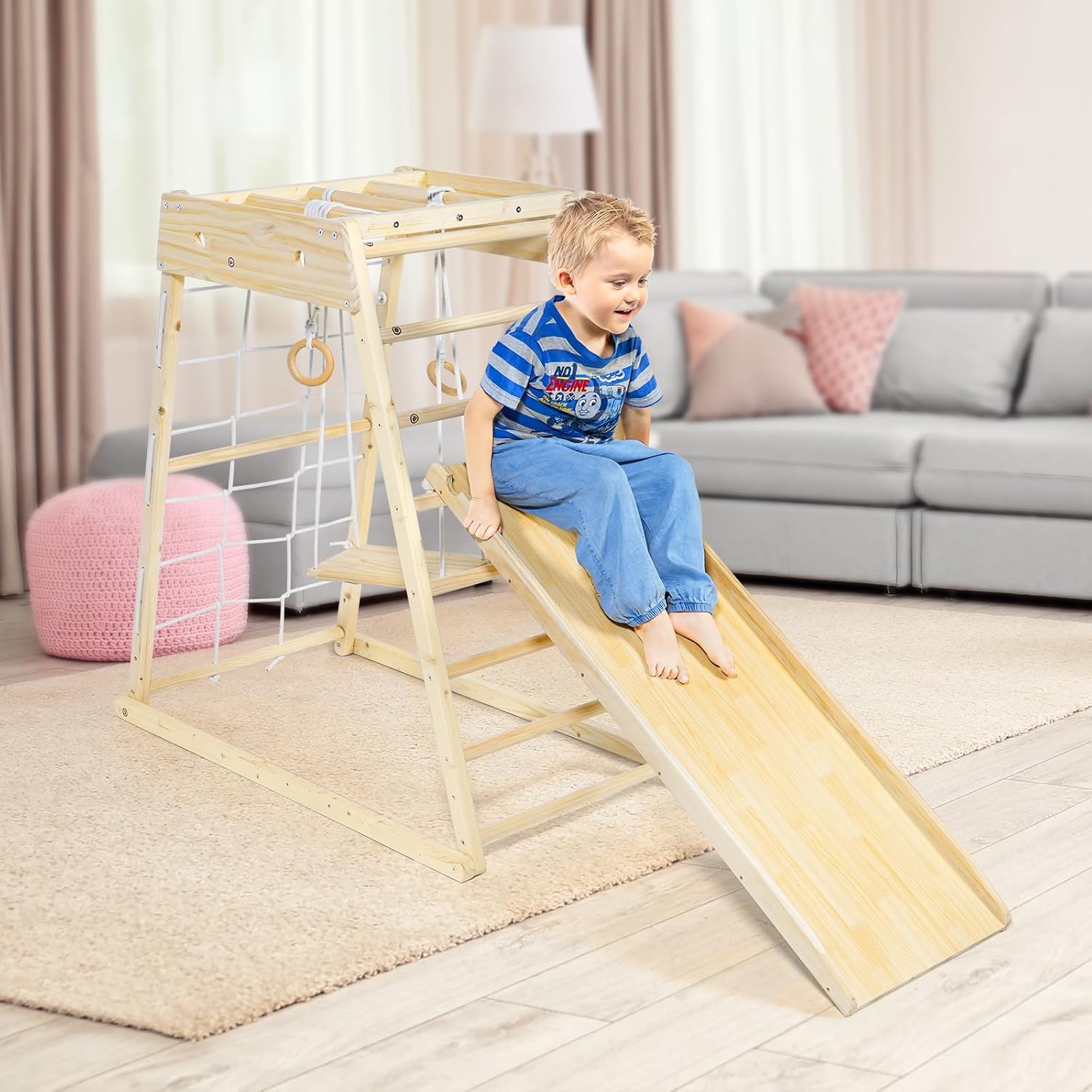 Climber,Indoor Playground Wood Toddler Playset Montessori 7-in-1 with Jungle Gym, Ramp, Slide, Swing, Swedish Ladder, Monkey Bars, Rope Ladder, Rock Wall Dome for Kids Ages 1-6 New