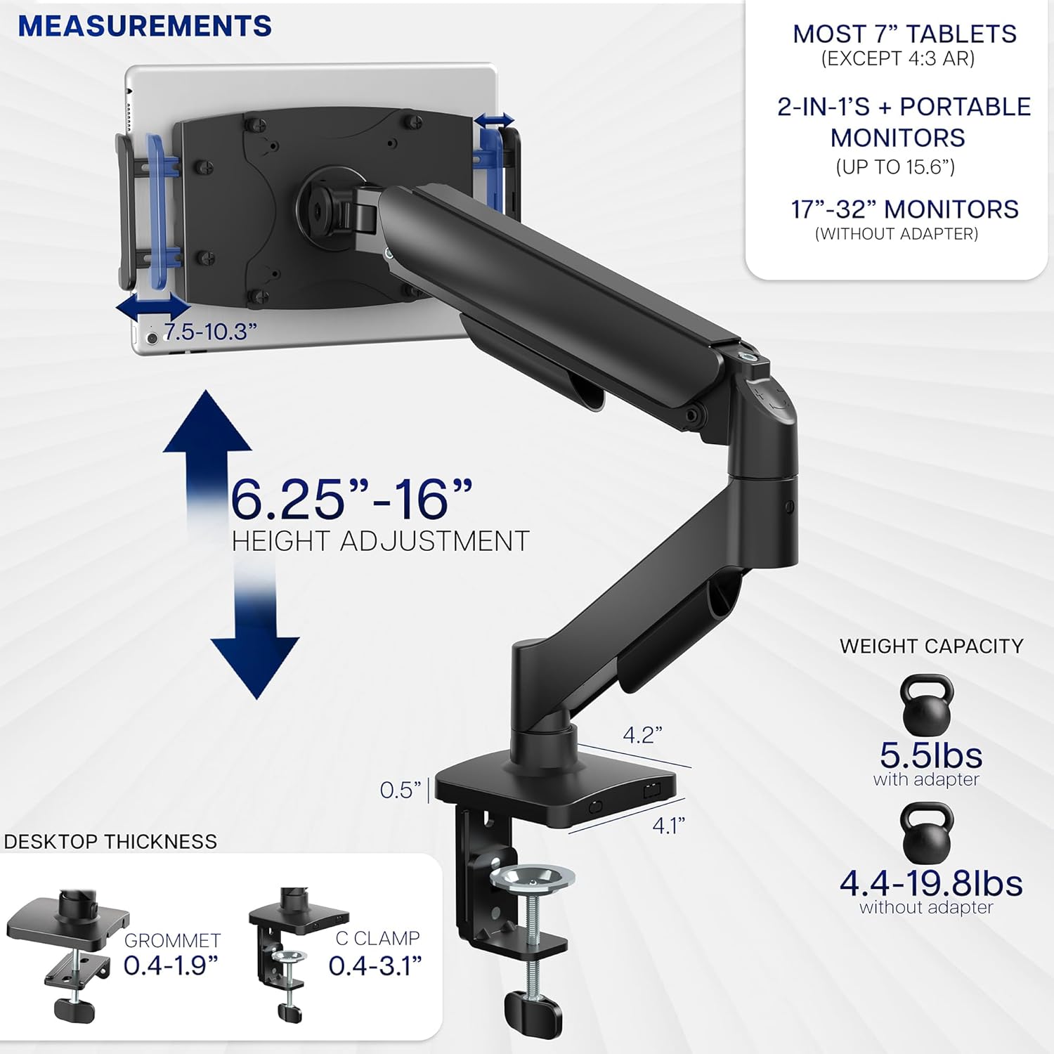 VIVO Height Adjustable Counterbalance Mechanical Arm Tablet Desk Mount, Fits 2-in-1 Laptops and 15.6 inch Portable Monitors, Max VESA 100x100, Black, STAND-V001O-M02