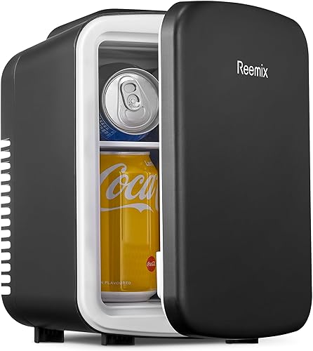 Reemix Mini nevera, 3.7 litros6 latas, refrigerador portátil y calentador personal para el cuidado de la piel, cosméticos, bebidas, alimentos, ideal