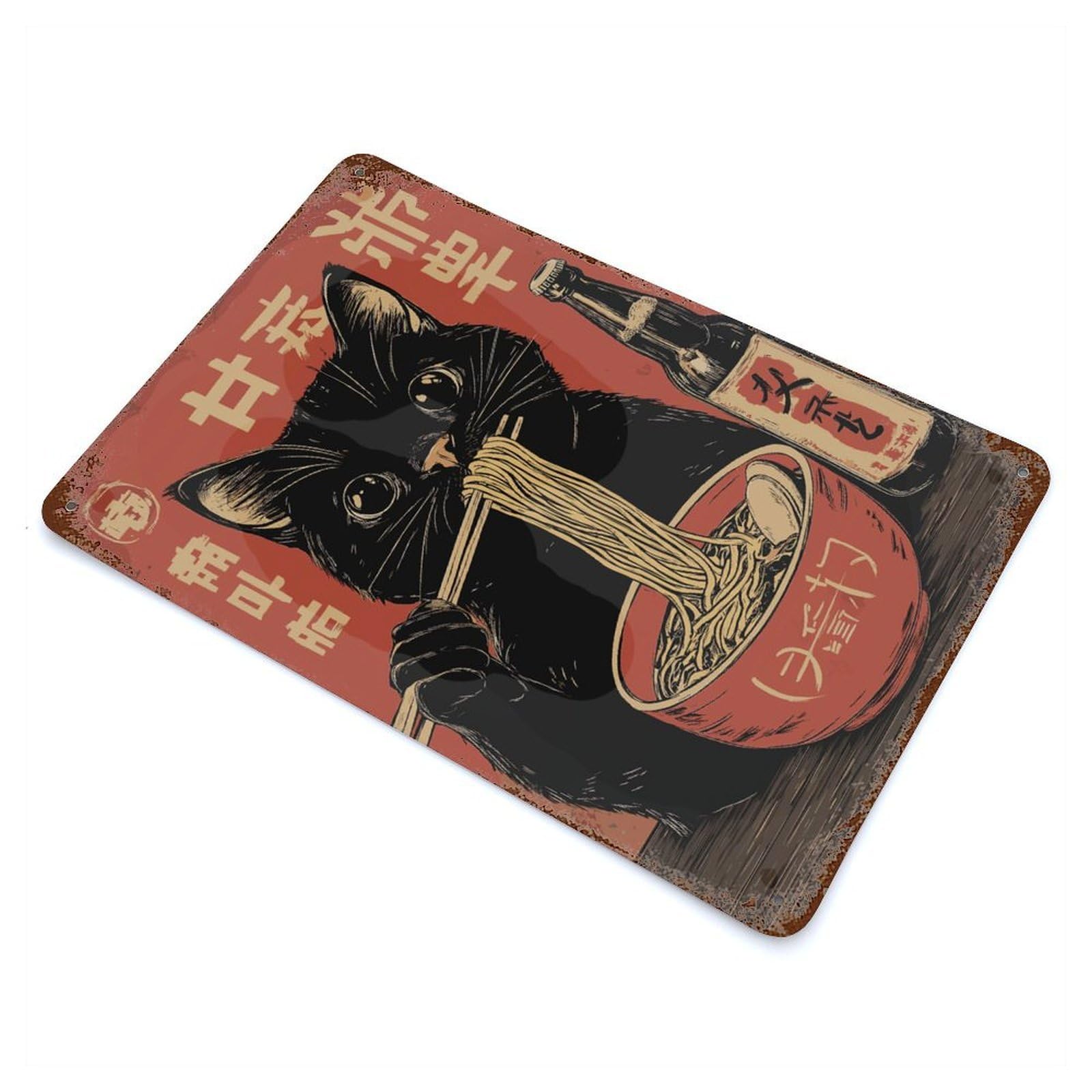 Black Ramen Cat Japan Vintage Wall Sign 11.8"x7.9", Rust Effect Metal Decor for Bistro, Counter And Cafe Decor