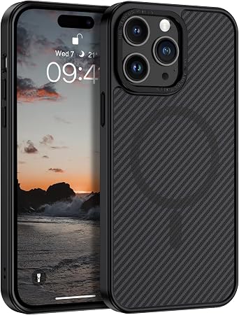 YINLAI Case for iPhone 14 Pro Max 6.7-Inch,[Compatible with MagSafe] Carbon Fiber Supports Wireless Charging Men Women Slim Metal Lens Frame+Buttons Shockproof Protective Phone Cover 2022, Black