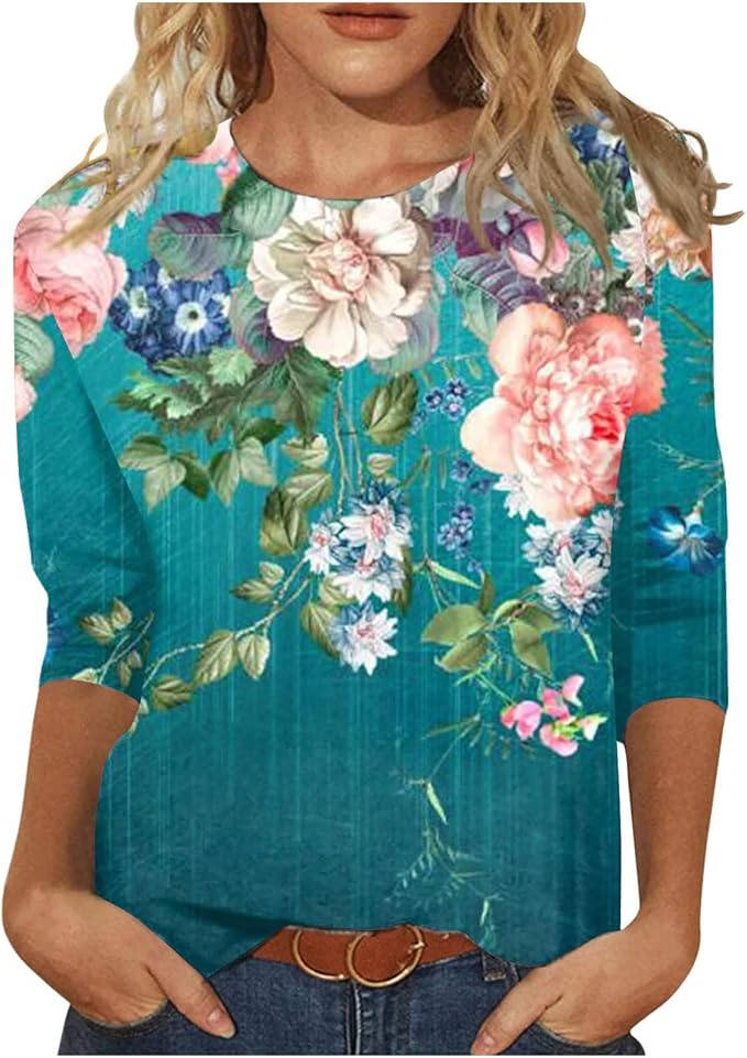 HTHLVMD Womens 3/4 Length Sleeve Tops 2025 Fall Fashion Floral Print Crewneck Causal Trendy Tunic Tops for Women