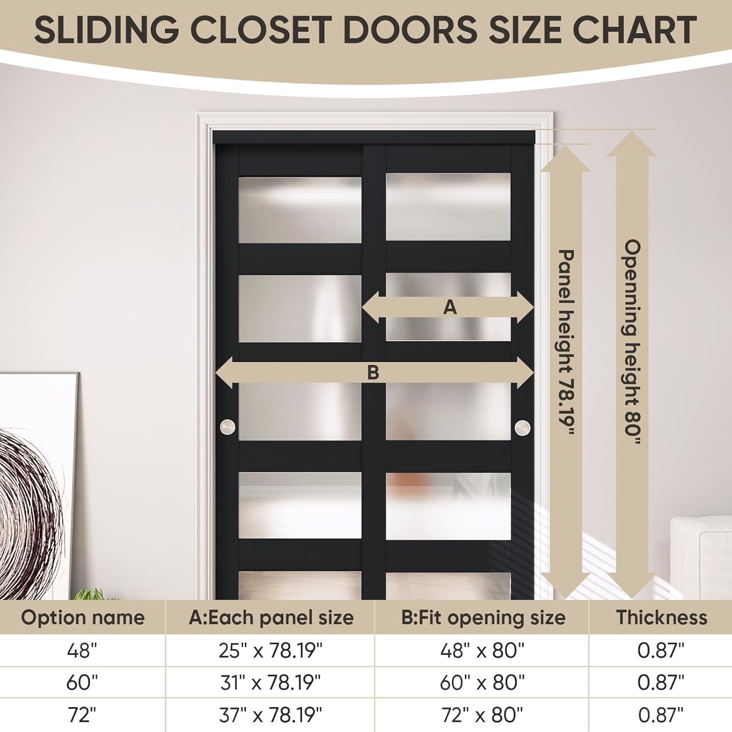 JUBEST 60" x 80" Sliding Closet Door, 5-Lite Frosted Glass Bypass Door with Hardware Kit & Matching Fascia, Pre-Drilled Solid Wood Slab with Water-Proof PVC Surface, Easy to Install, Black