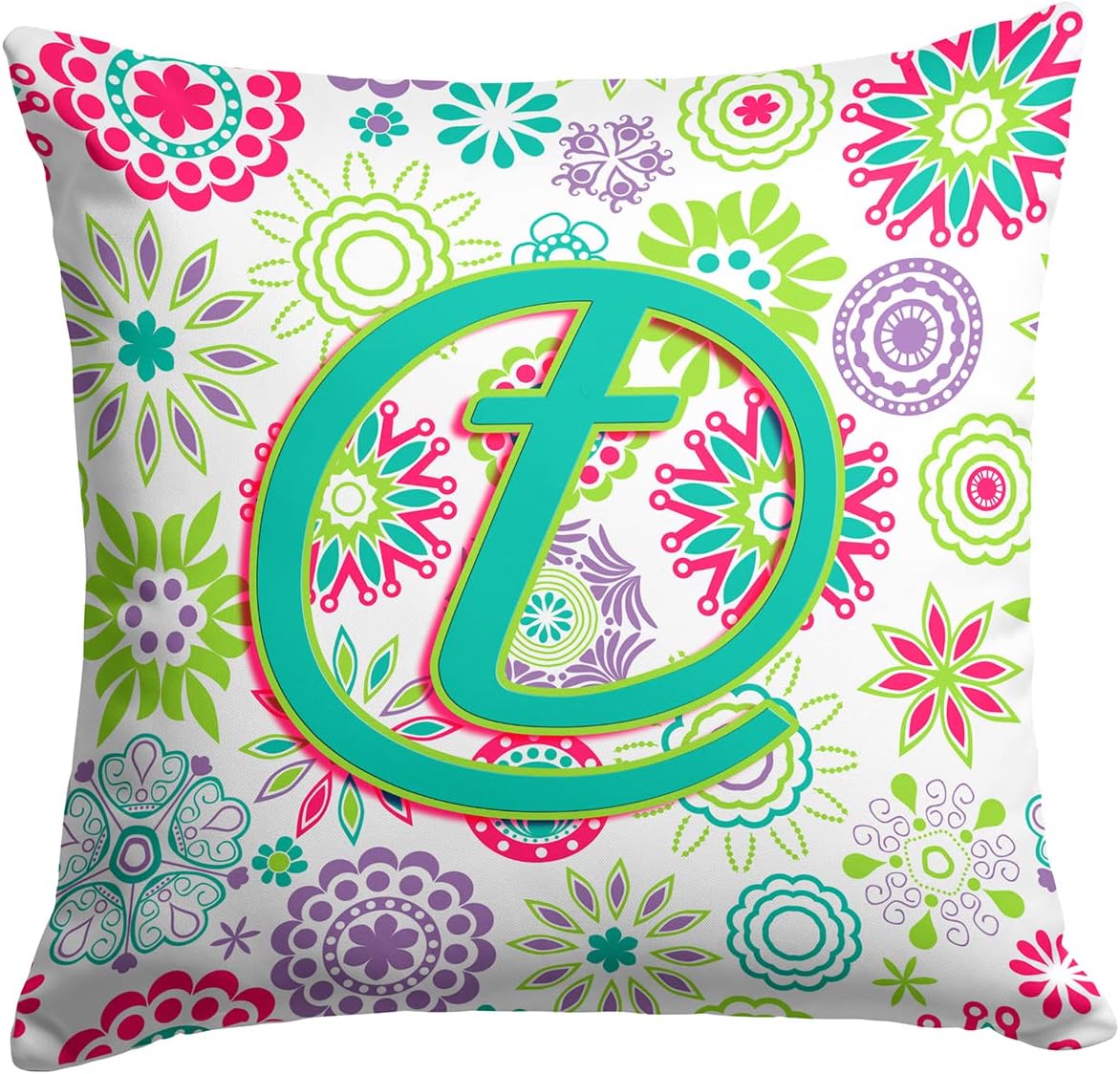Caroline's Treasures CJ2011-TPW1414 Letter T Flowers Pink Teal Green Initial Fabric Decorative Pillow 100% Machine Washable Pillow, Indoor or Outdoor Decorative Throw Pillow for Couch, Bed or Patio