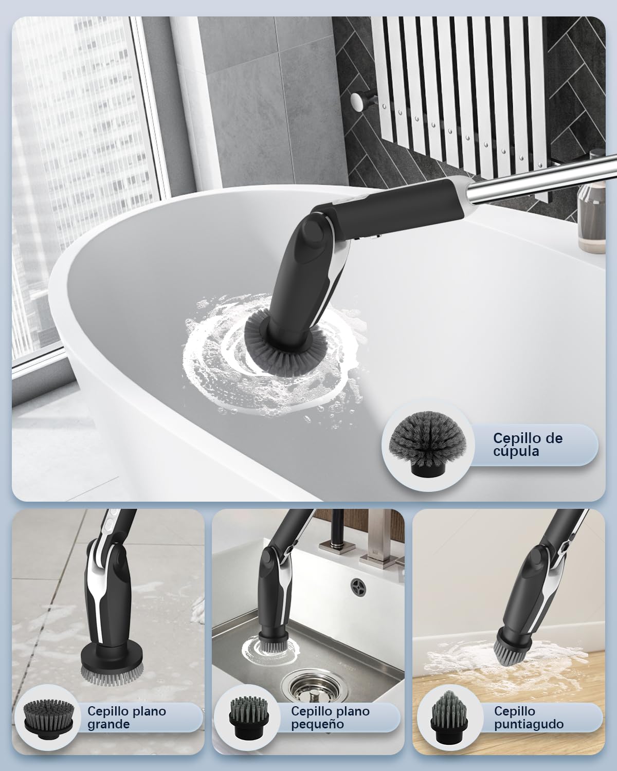 Leebein Cepillo Eléctrico Limpieza Hogar, 2026 Fregadora Giratoria Eléctrica con 8 Cepillo Reemplazables, Control Remoto, 2 Velocidades de Rotación y Mango Ajustable 38-132CM para Baño/Cocina/Coche
