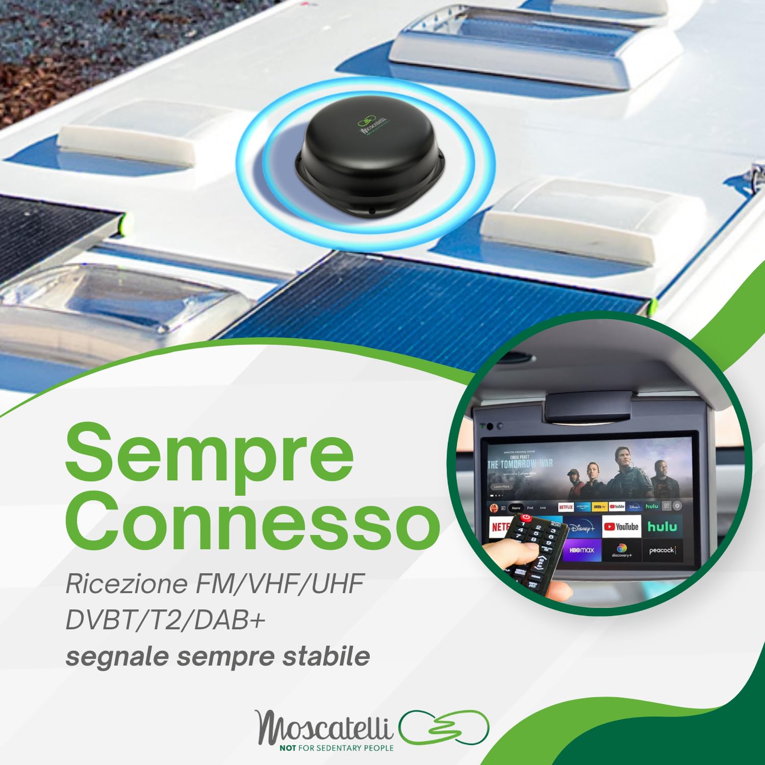MOSCATELLI Antenna TV Camper Omnidirezionale DVB-T/T2 per Interno/Esterno – Antenna Camper 12/24/220V con Filtro LTE 4G – Kit Completo con Amplificatore Potente e Cavi Coassiali – Nero