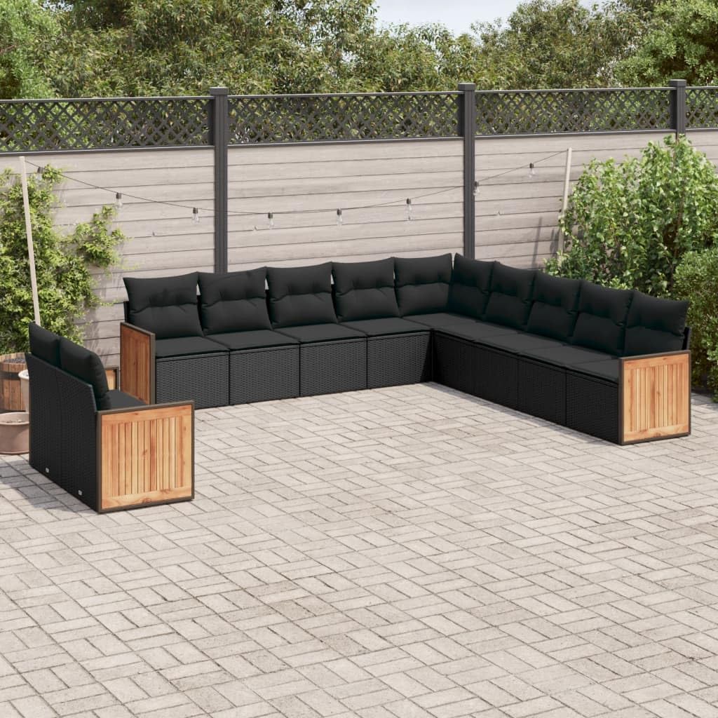 Juego de muebles de jardín de ratán de polietileno, color negro, 11 piezas, con cojín, diseño modular para terraza, jardín y balcón