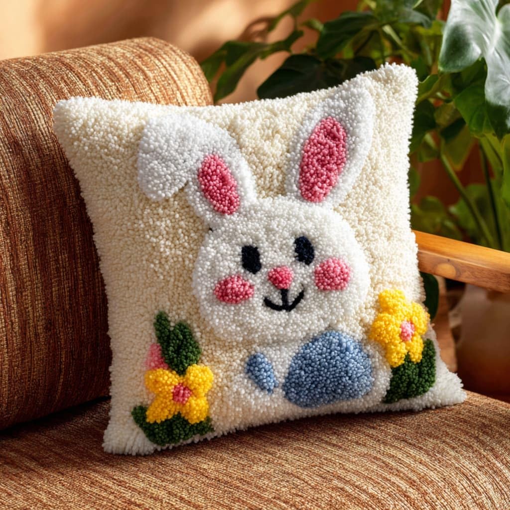 AxiangziK Latch Hook Cushion Kit,Rabbit DIY Embroidery Pillow Cover 43X43Cm