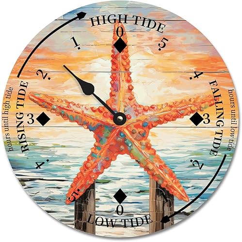 Reloj de marea de estrellas de mar, hora del océano, reloj de marea de madera costera con marea alta, marea baja, sin tictac, funciona con pilas,