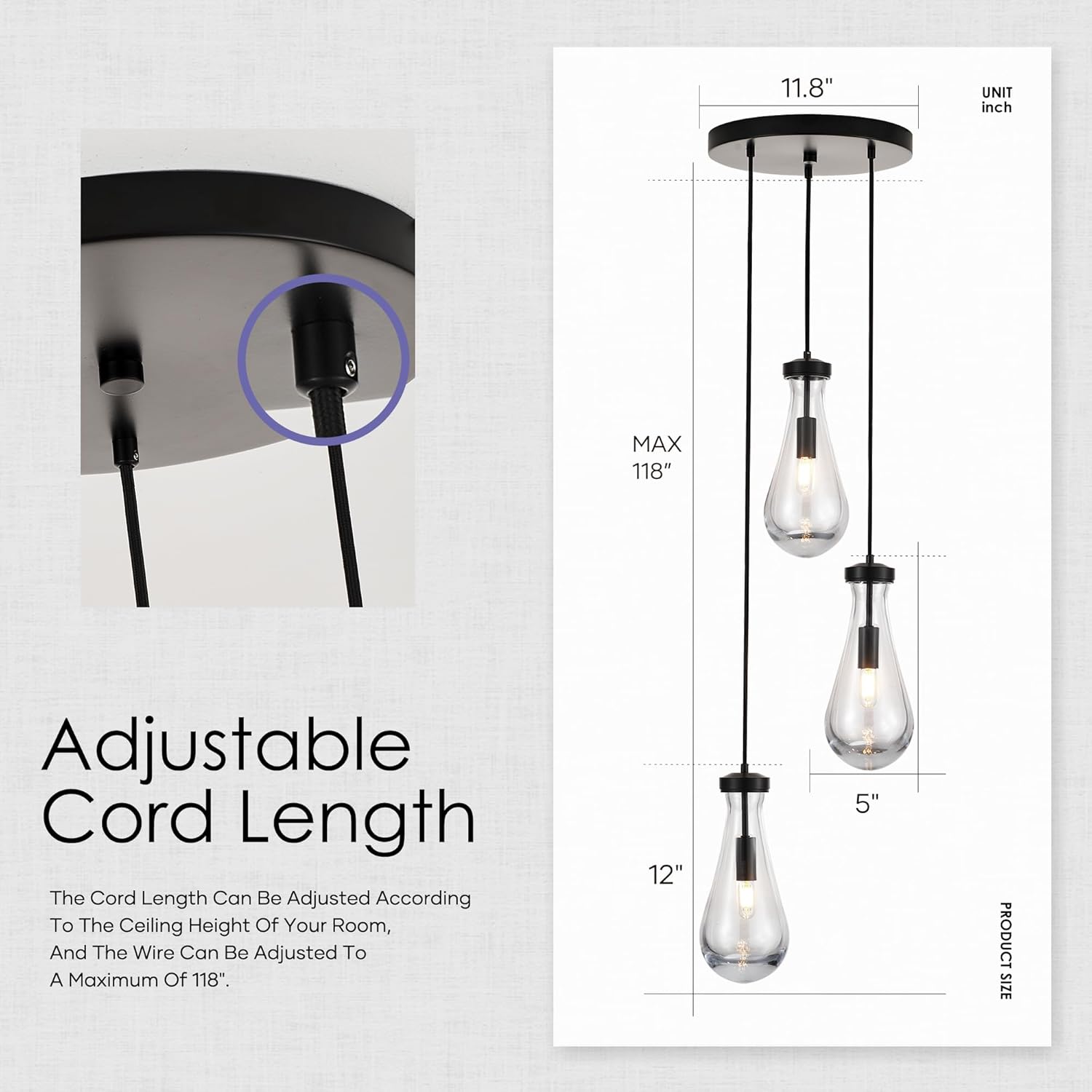 3-Light Raindrop Pendant Light Fixtures, Black Glass Pendant Lighting, Teardrops Modern Hanging Light for Entryway Foyer Kitchen Island Dining Living Room Hallway 3-Light Black-rope