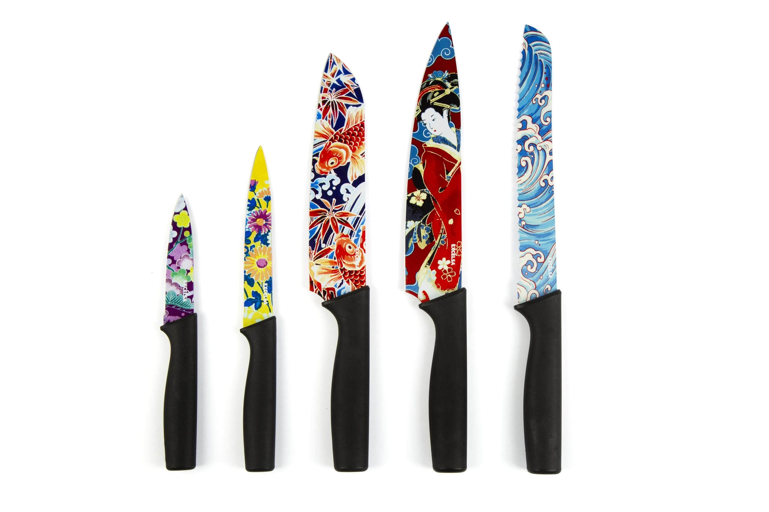 Excelsa Kimono zestaw 5 noży kuchennych, orientalny design, czarne ergonomiczne uchwyty, zdobione ostrza