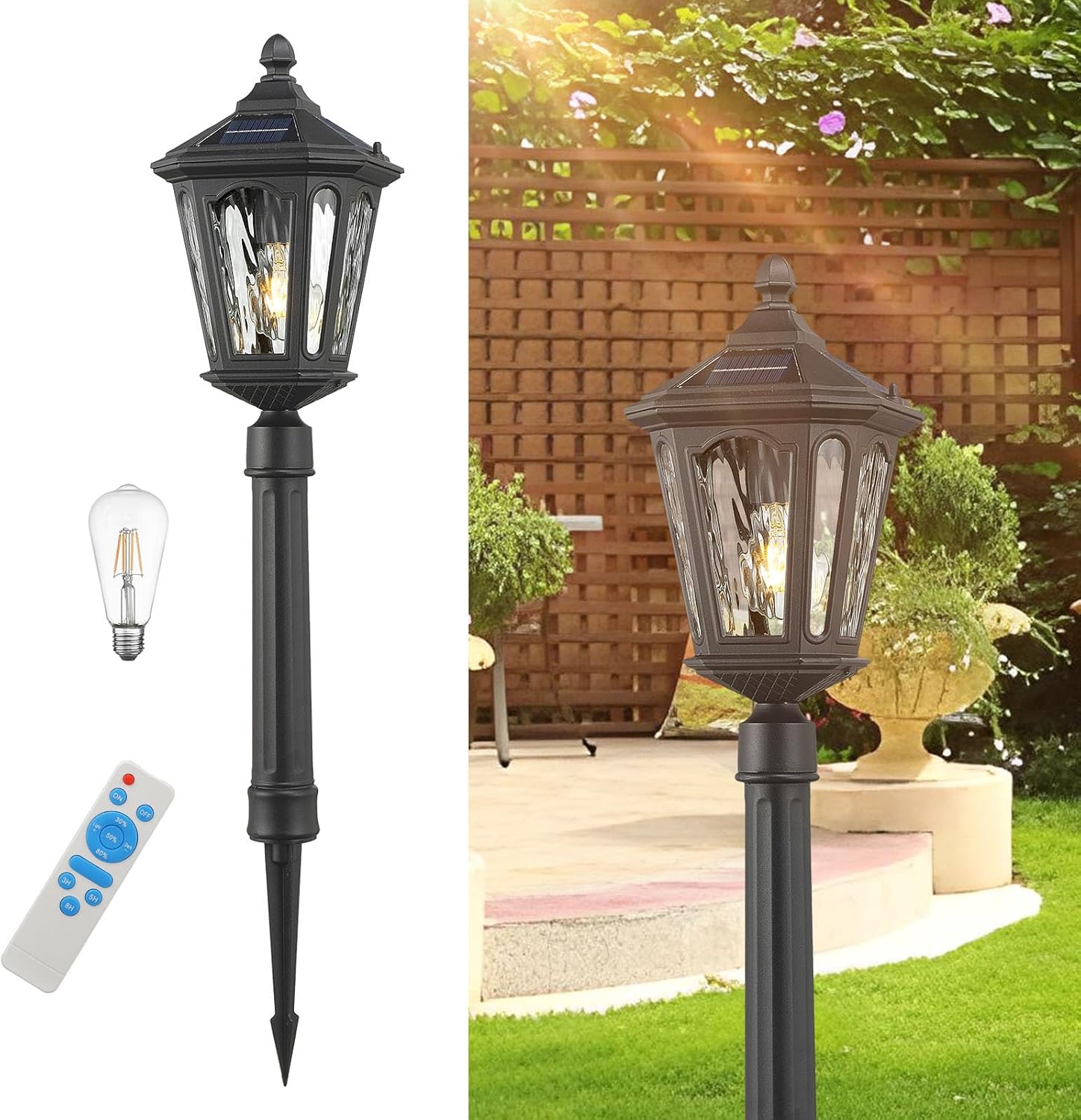 LED Solar Post Lights, Outdoor Waterproof Solar Pathway Lights Exterior Auto On/Off Garden Pole Stake Lighting Outside Dusk to Dawn Lamp for Lawn Path Walkway, Ground Plug, Remote Control