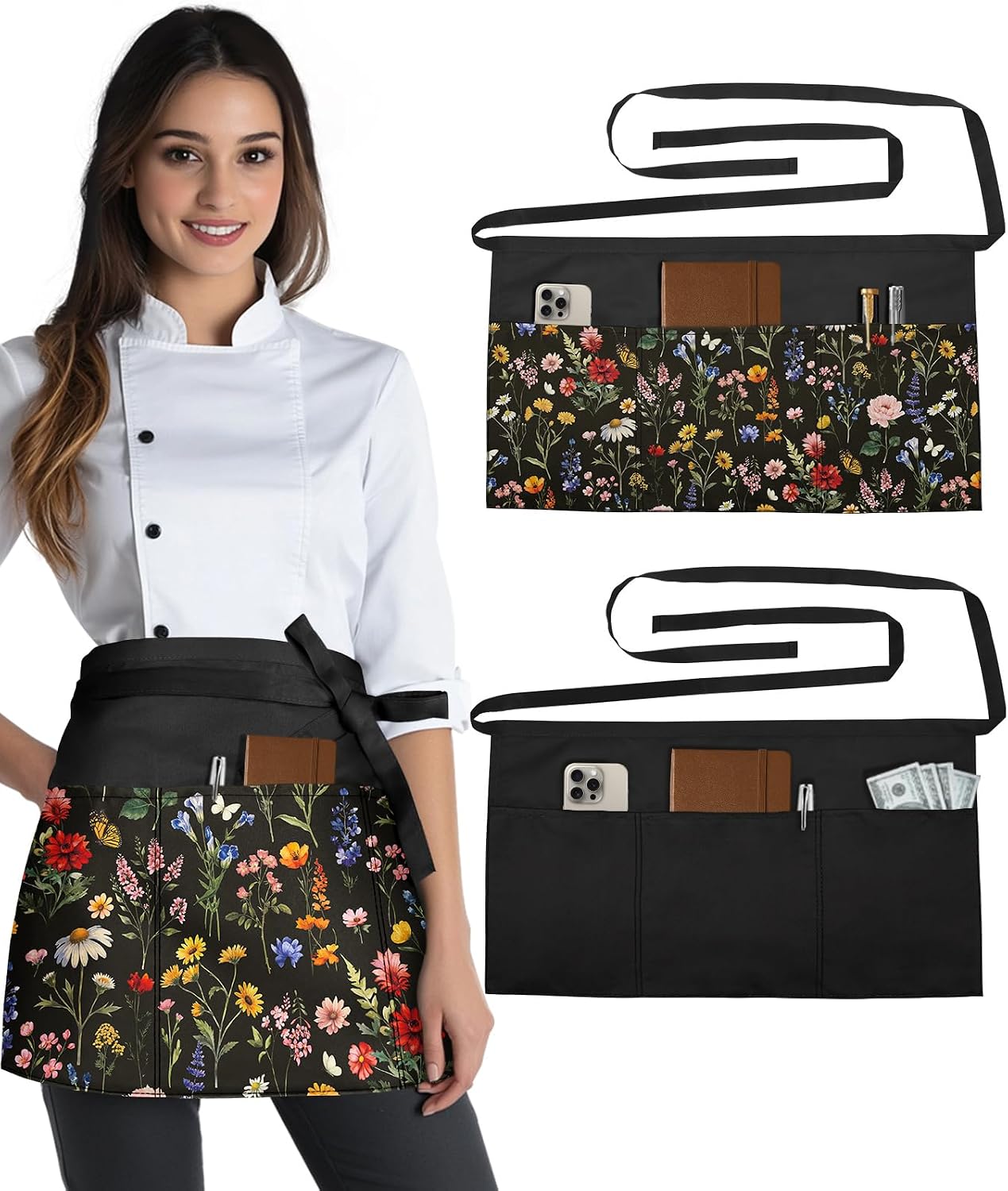 Slohif Reversible Server Apron 6 Pockets - Waist Apron for Waitress Women Half Serving Short Apron for Waiter