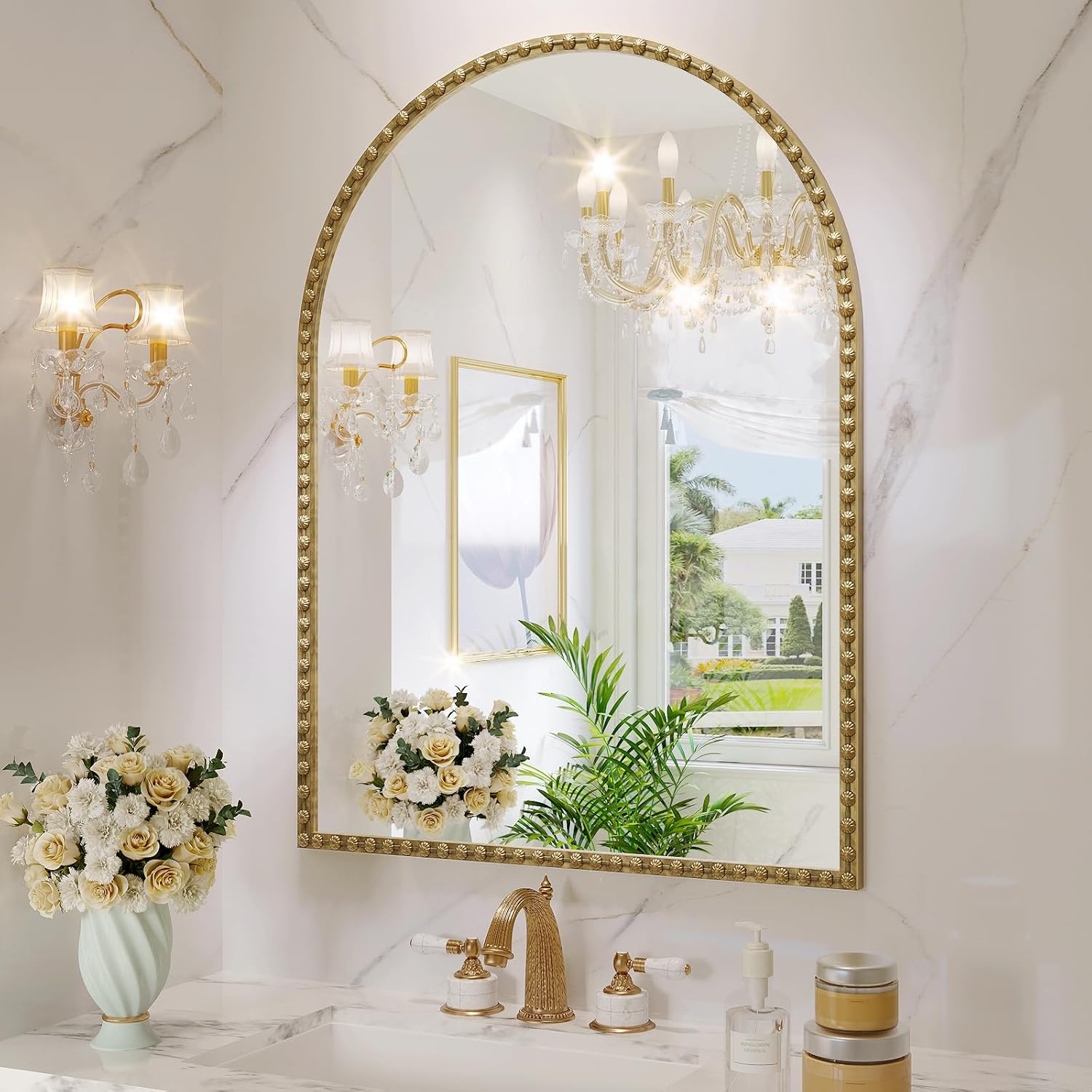 Arched Mirror for Wall, 20"x30" Antique Gold Arch Bathroom Vanity Mirror, Antique Brass Metal Floral Frame Decorative Arch Wall Mirror for Washroom, Bedroom, Entryway, Living Room