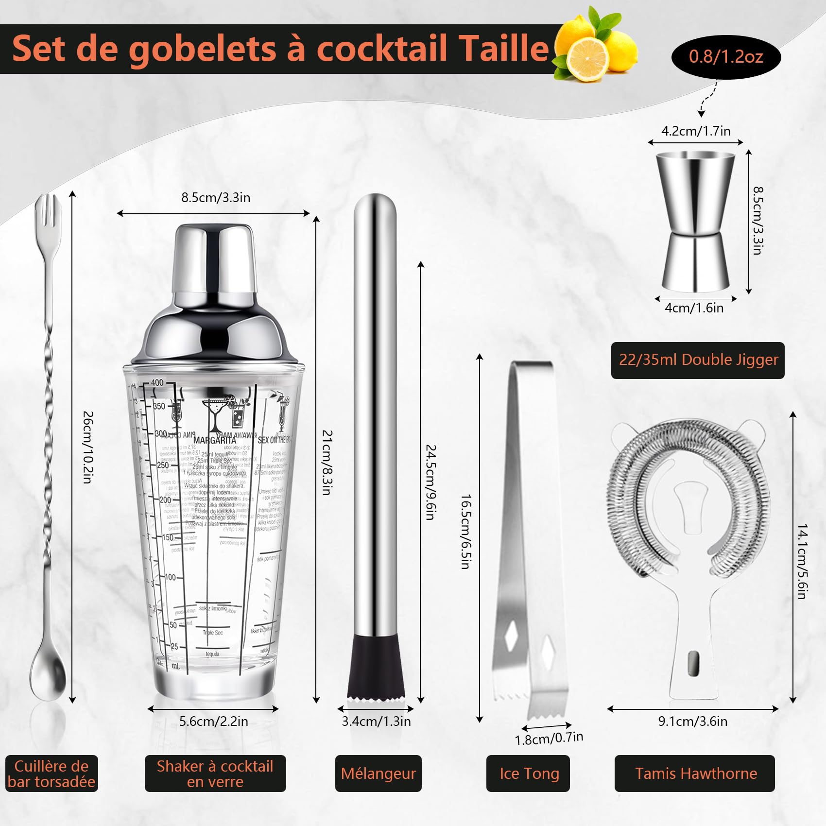 Cocktail Shaker 14oz Glass Shaker Set, 6PCS Bartender Kit, Mélangeur à Martini avec passoire pour Barman, Un Ensemble d'outils de Bar Professionnel pour Les barmans et Les débutants.