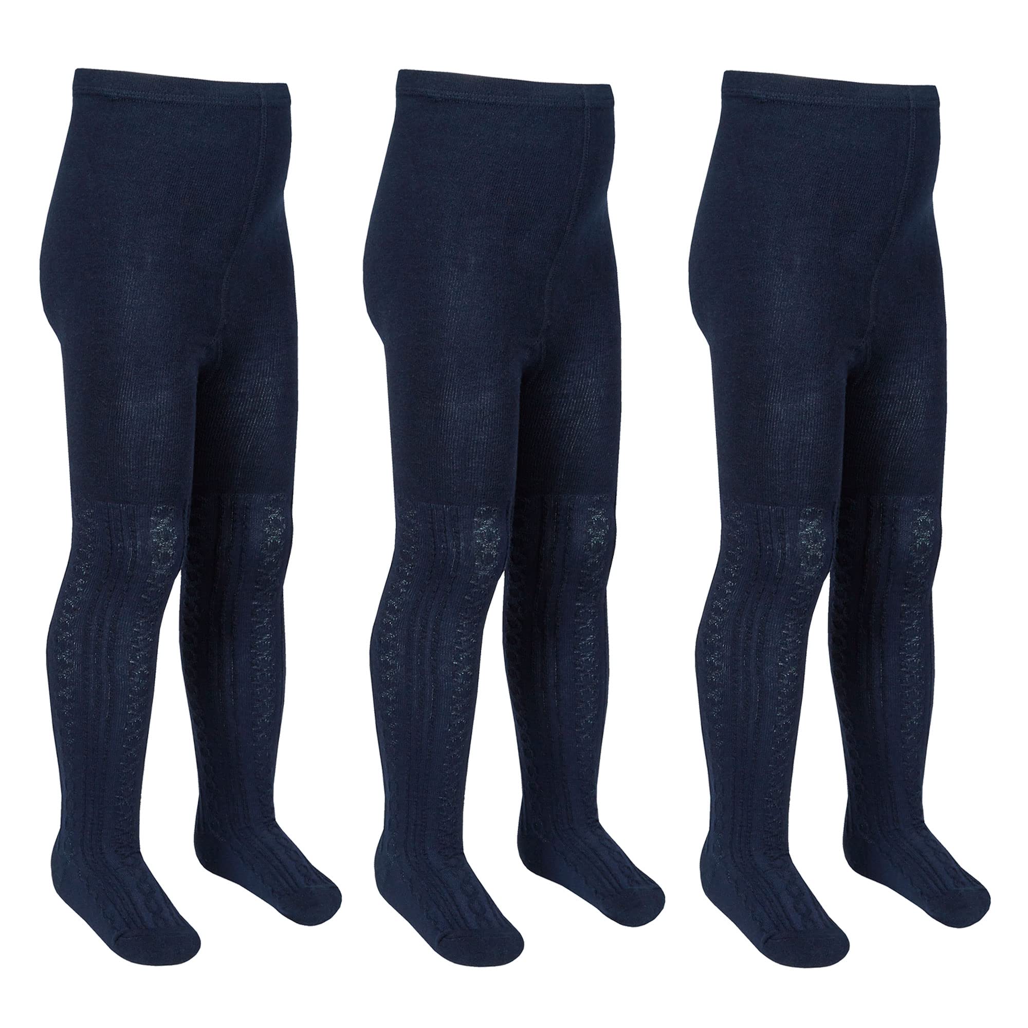 Metzuyan Girls 3 Pairs - Navy 3 Pairs Cable Navy+ Black+ Grey Cotton Rich Tights 2-10 Years Navy 9-10 Years