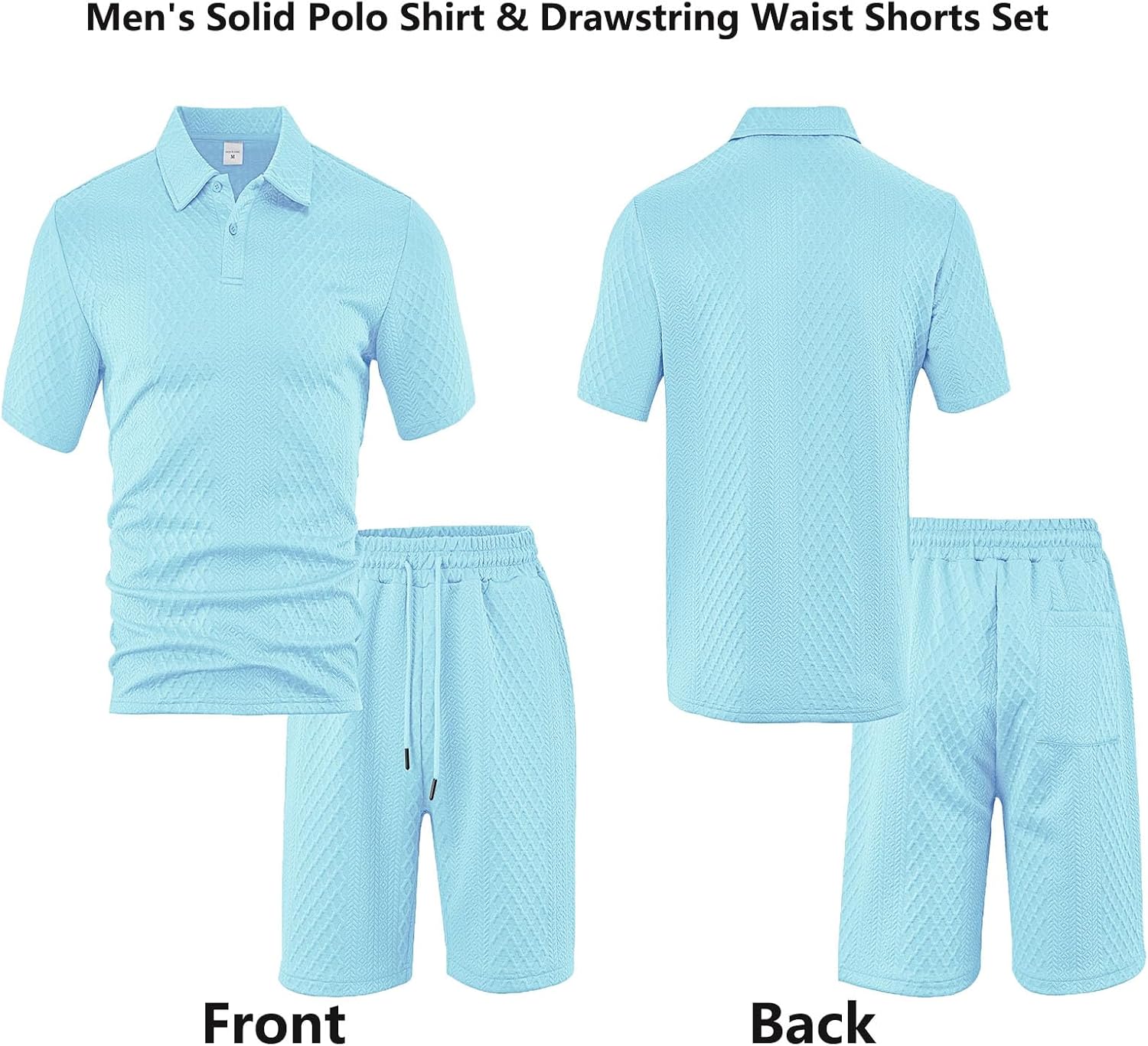 Men's Solid Polo Shirt & Drawstring Waist Shorts Set Textured Jacquard Polo Shirt Set, Athletic Jogging Summer Tracksuit