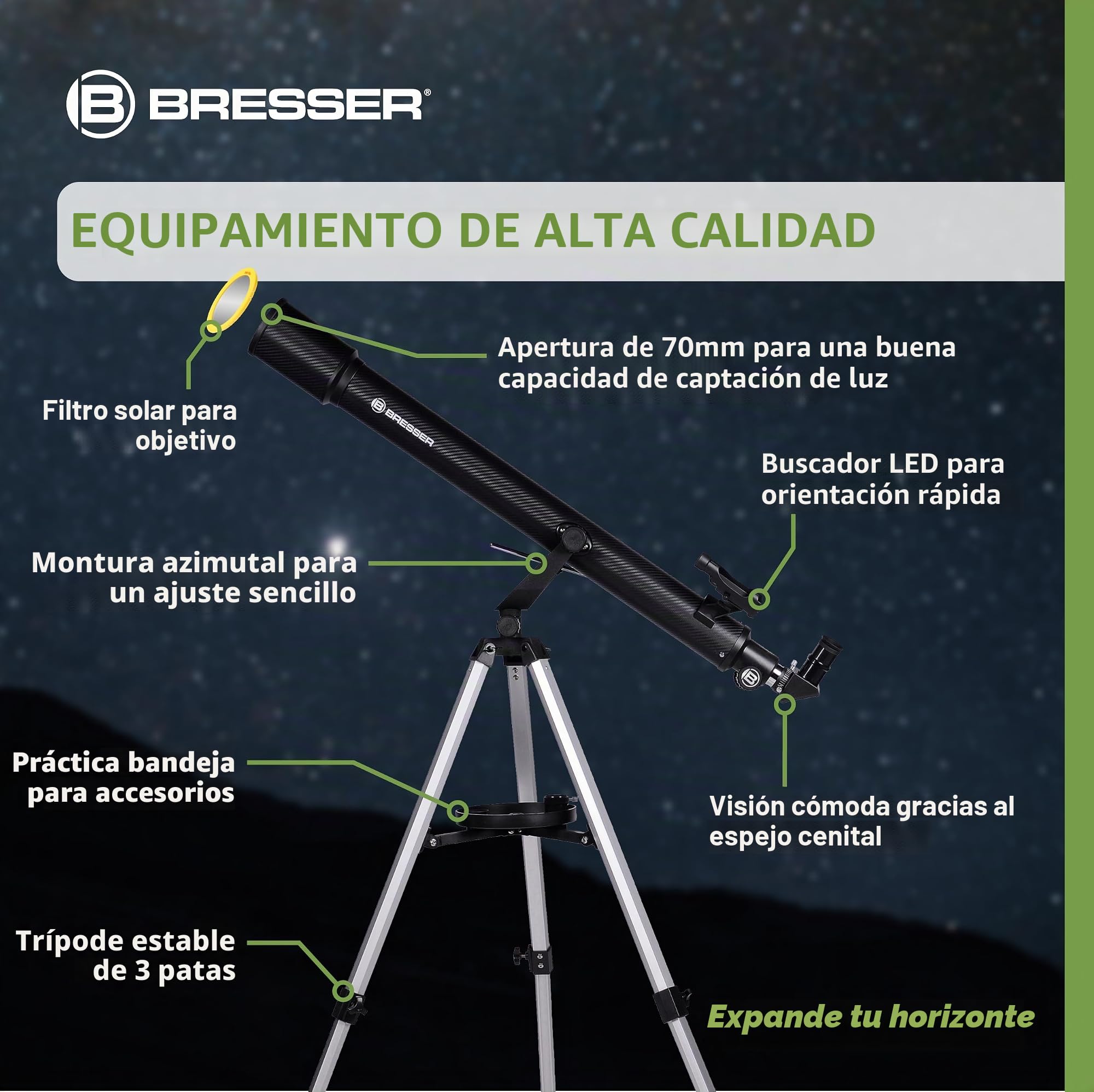 Bresser Sirius 70/900 AZ Telescopio con Adaptador de Cámara de Smartphone