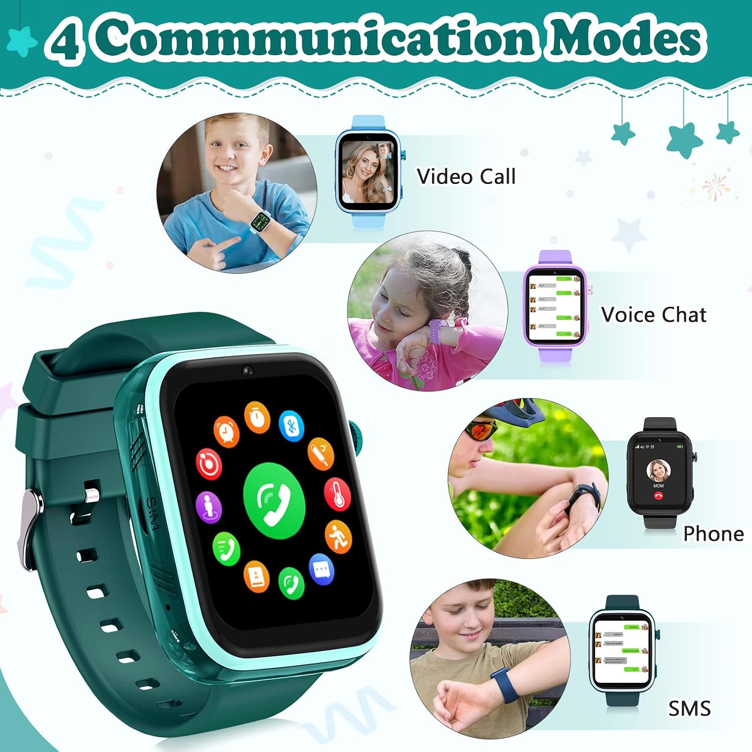 Diagram illustrating the four communication modes of the smartwatch: Video Call, Voice Chat, Phone, and SMS.