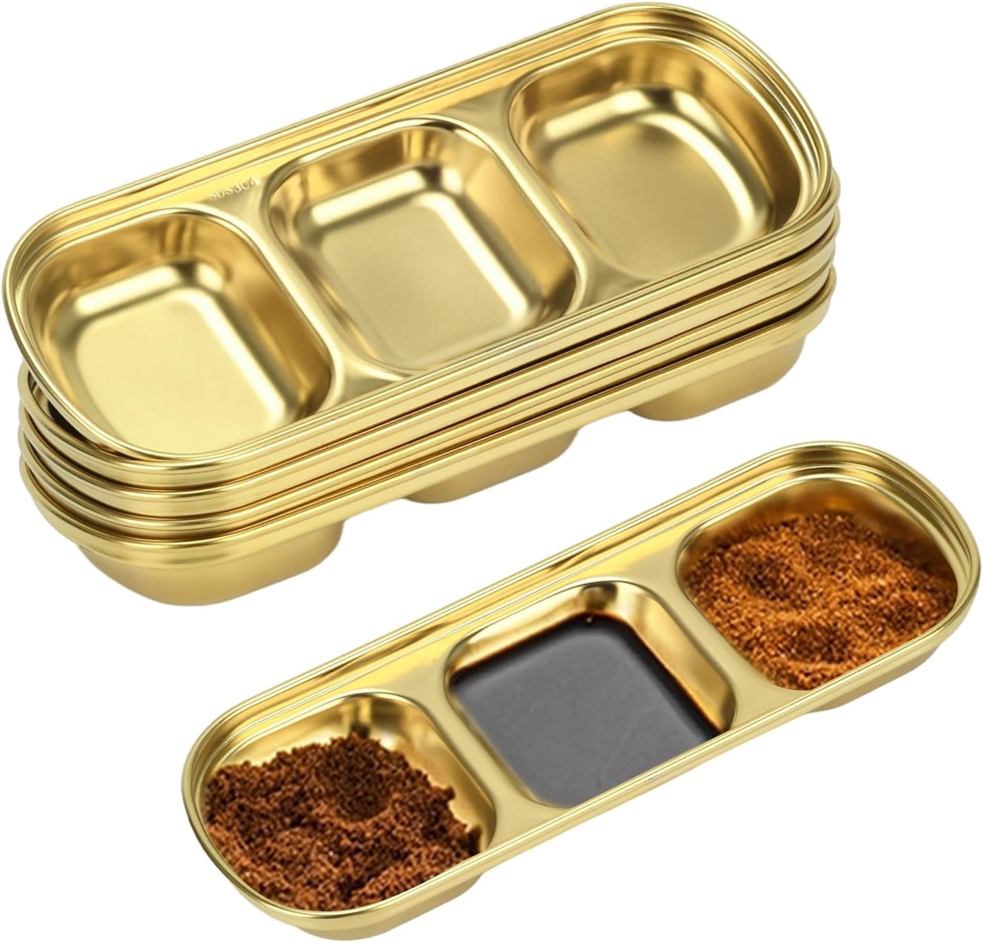 6 Pcs Soy Sauce Dish, Divided Dip Bowls with 3 Compartment, Seasoning Dipping Sauce Plate, Stainless Steel Serving Tray (Golden)