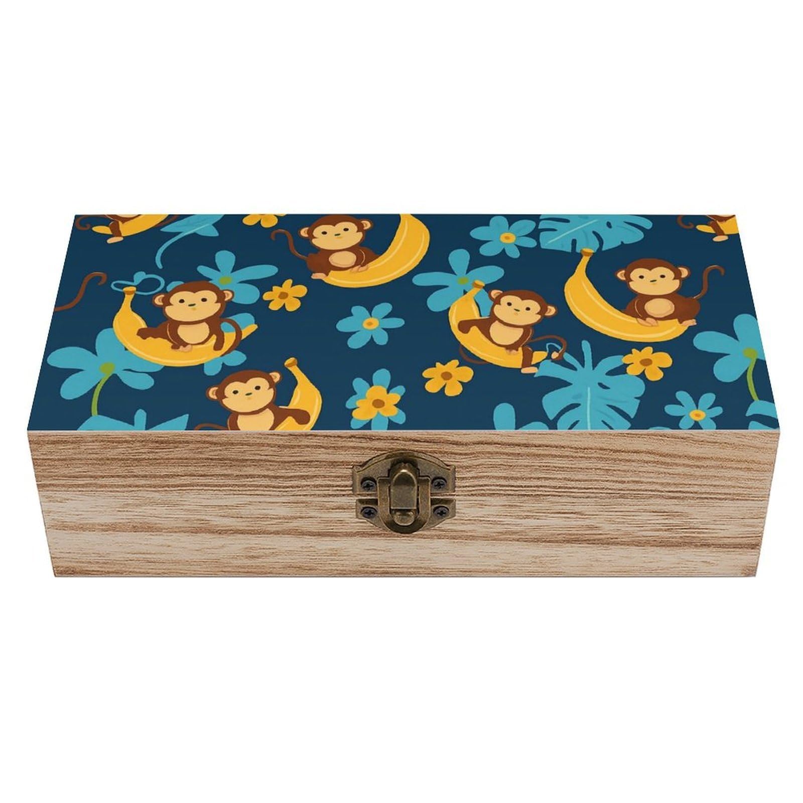 Oudrspo Tropical Monkey on Banana Retro Wooden Storage Box Keepsake Jewelry Decorative Art Storages Box Gift Boxs