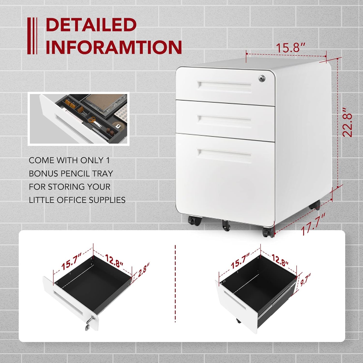 SANODESK Mobile File Cabinet 3 Drawer File Cabinet for Home Office Filing Cabinets for Under Desk Storage, Round Corner Design, White