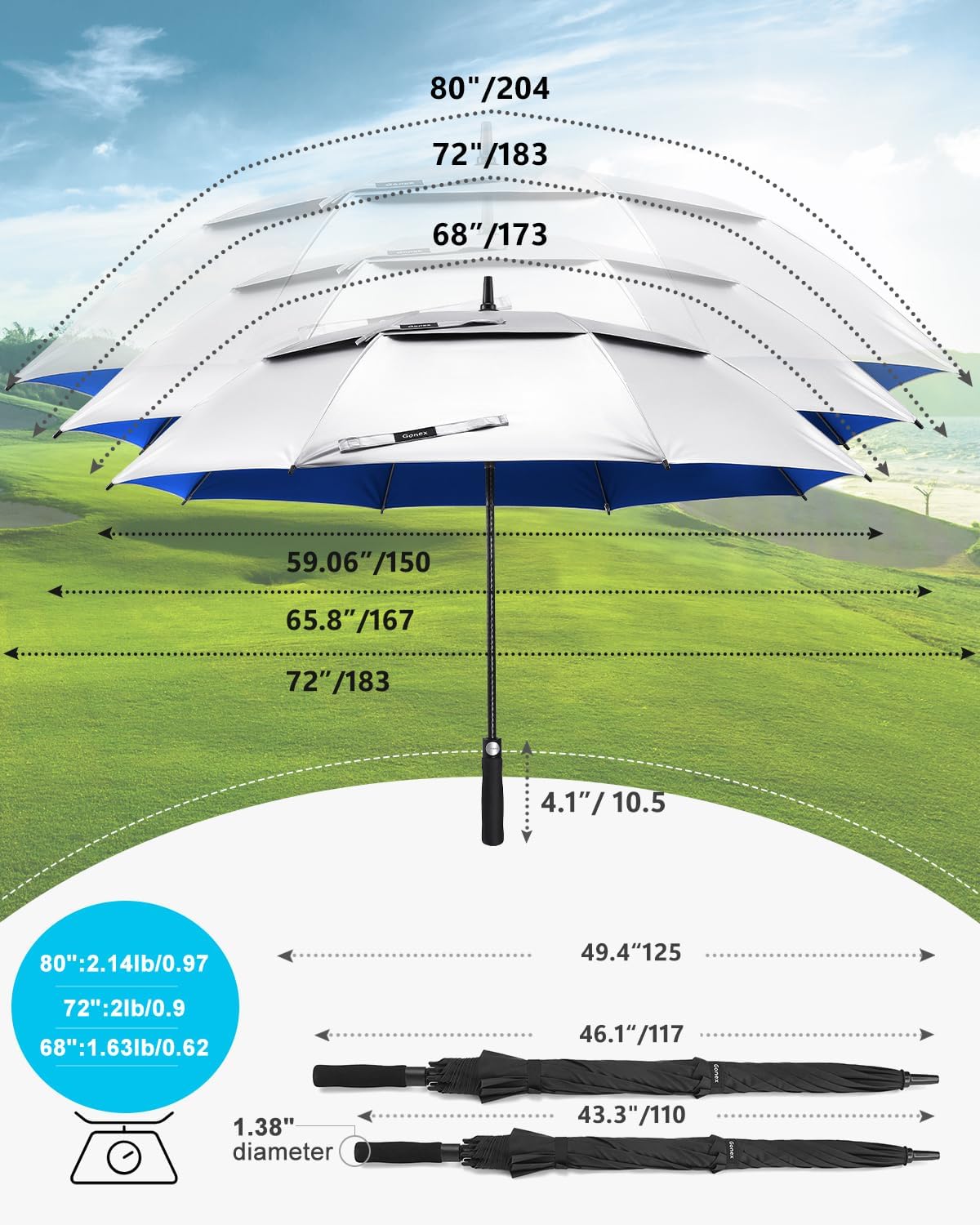 Gonex 54/62/68/72/80 Inch Extra Large Golf Umbrella, Automatic Open Travel Rain Umbrella with Windproof Water Resistant Double Canopy, Oversize Vented Umbrellas for 2-3 Men and UV Protection, Multiple Colors