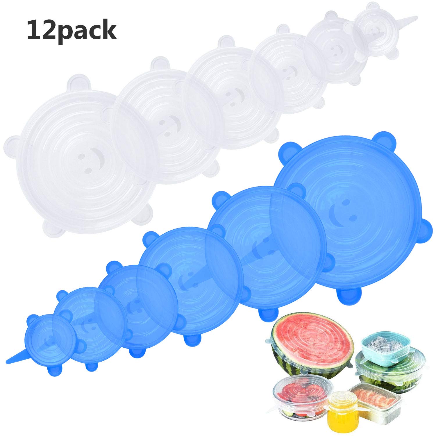 Hiveseen Silicone Stretch Lids,Silicone Food Covers, Reusable, Flexible, Durable, BPA Free and Expandable to Fit Various Shape of Containers, 12 Pack, Various Sizes, Keeping Food Fresh