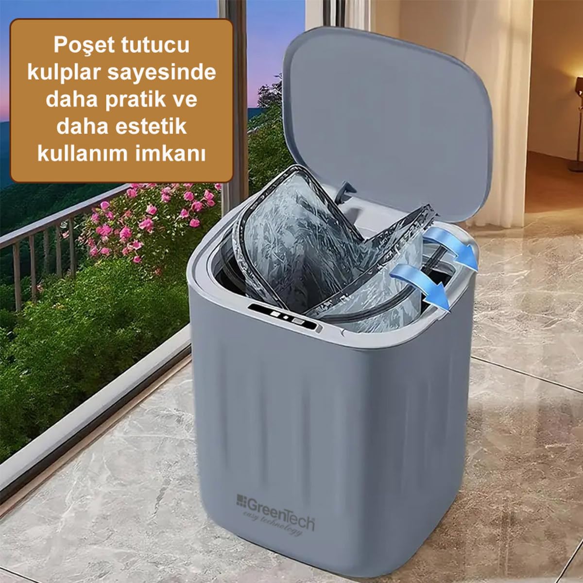 GreenTech Sensörlü Çöp Kovası Şarjlı Akıllı, Beyaz, 28 Litre, GT-SC07B