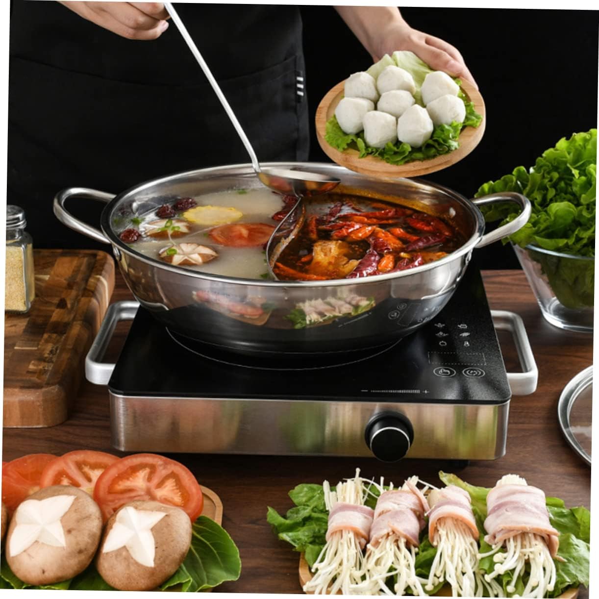 Stainless Steel Two-Flavor Hot Pot Set with Spoon Dual Compartment Cooking Pot for Home Kitchen Induction Compatible for Family Gatherings