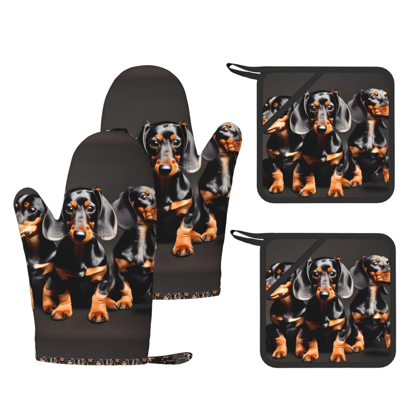Three Dachshunds Print Kitchen Heat Resistant Set,Cooking Kit With Hanging Loop For Baking & Bbq