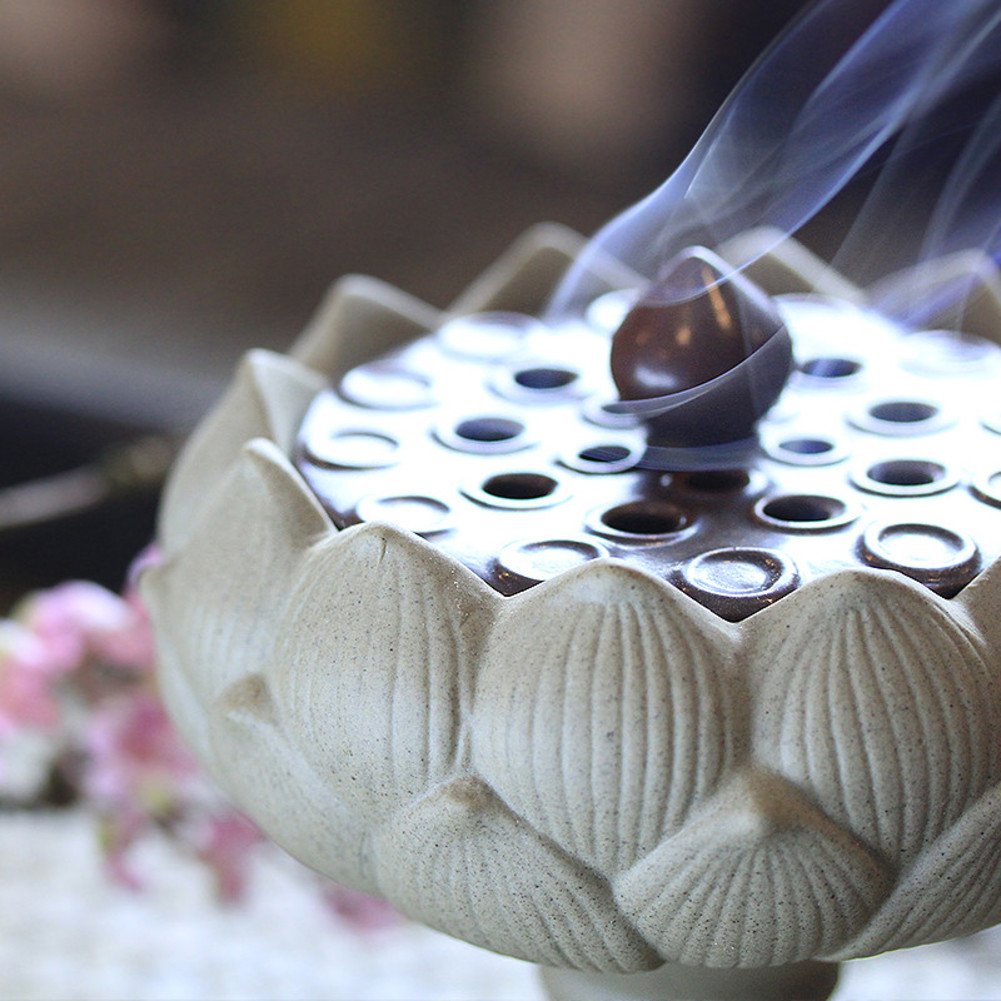 Lotus incense burner,Ceramic incense stick holder decorated thurible porcelain incense ash catcher tray bowl-A D4.5*H5.3inch(11.5*13.5cm)