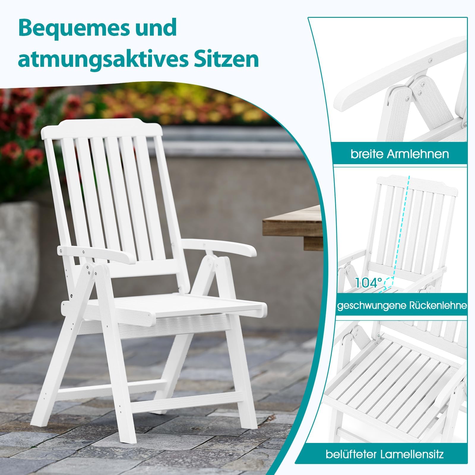 FANTASK Sedia da balcone in plastica effetto legno pieghevole 150 kg bianco