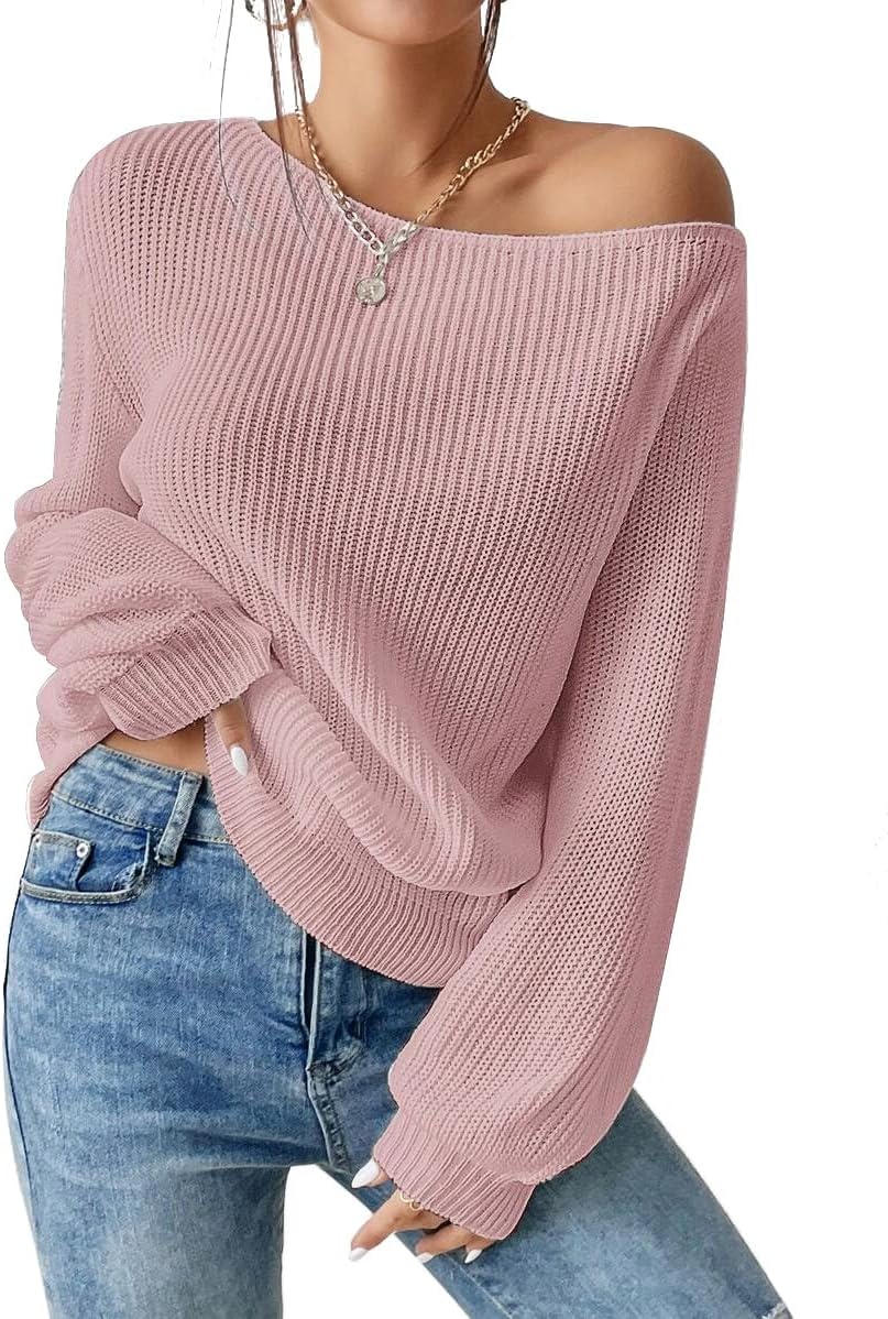 SKAYS Womens Off The Shoulder Sweater Asymmetrical Neck Fall Ribbed Knit Long Sleeve Pullover Sweaters Lightweight Top