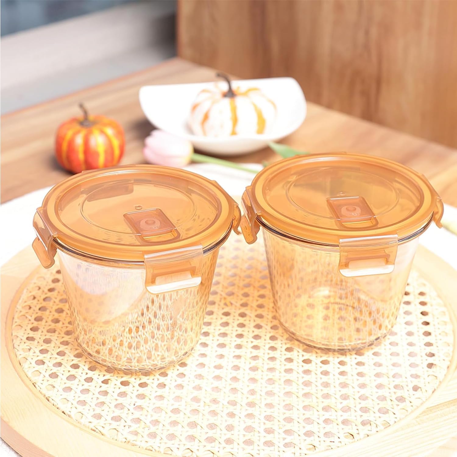 Kuber Industries Pack of 3 Borosilicate Glass Kitchen Containers Set with Airvent Pp Lid | Airtight Round Fridge Storage Boxes for Grains, Pulses, Spices, Snacks | 610 ml Each | Light Orange
