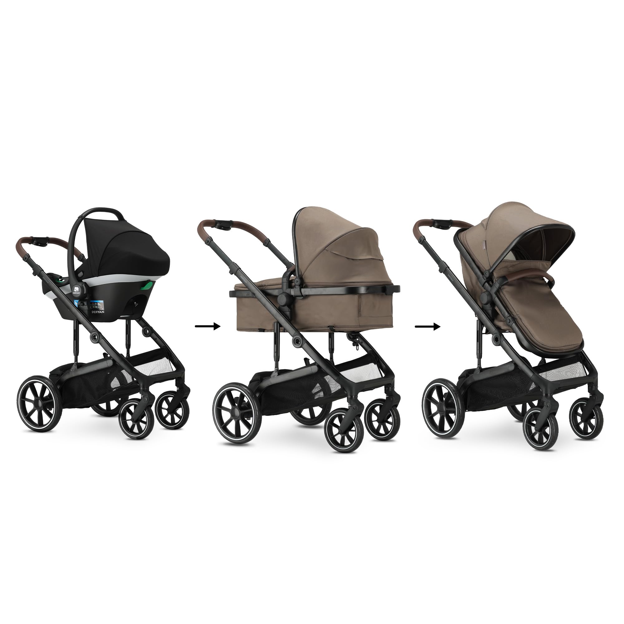 Deryan NOA Passeggino combinato 3 in 1, con seggiolino auto, passeggino multifunzione, con lettino, seggiolino sportivo e seggiolino, leggero e pieghevole, Nocciola