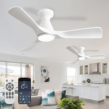 Depuley 2 Pack Ceiling Fans with Lights 42-Inch White Flush Mount Low Profile Ceiling Fan for Bedroom Living Room - 3 Blades Dimmable Indoor Outdoor Fans with Remote APP Control Ultra Quiet DC Motor