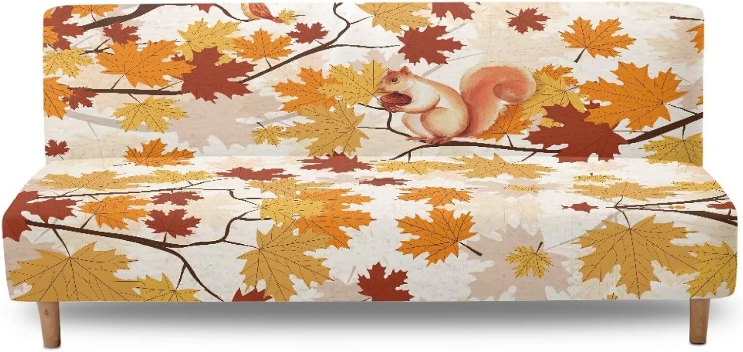 Maple Leaf Futon Cover High Stretch Armless Sofa Covers Foldable Sofa Bed Covers Jacquard Futon Slipcover Furniture Protector for Kids, Pets