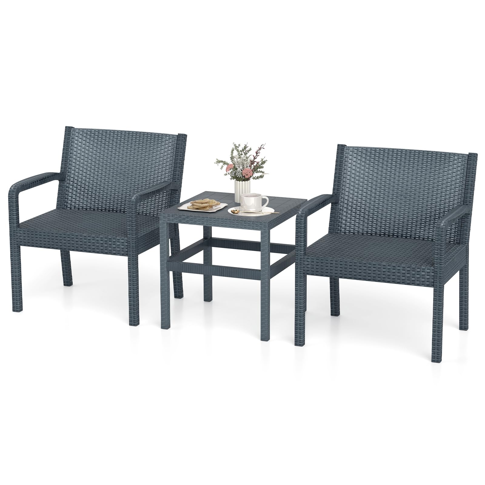 GIANTEX Set di Mobili da Giardino e Balcone 3 Pezzi, Struttura in Rattan e Polipropilene, 2 Poltrone, Resistente alle Intemperie, Arredamento per Esterni per 2 Persone