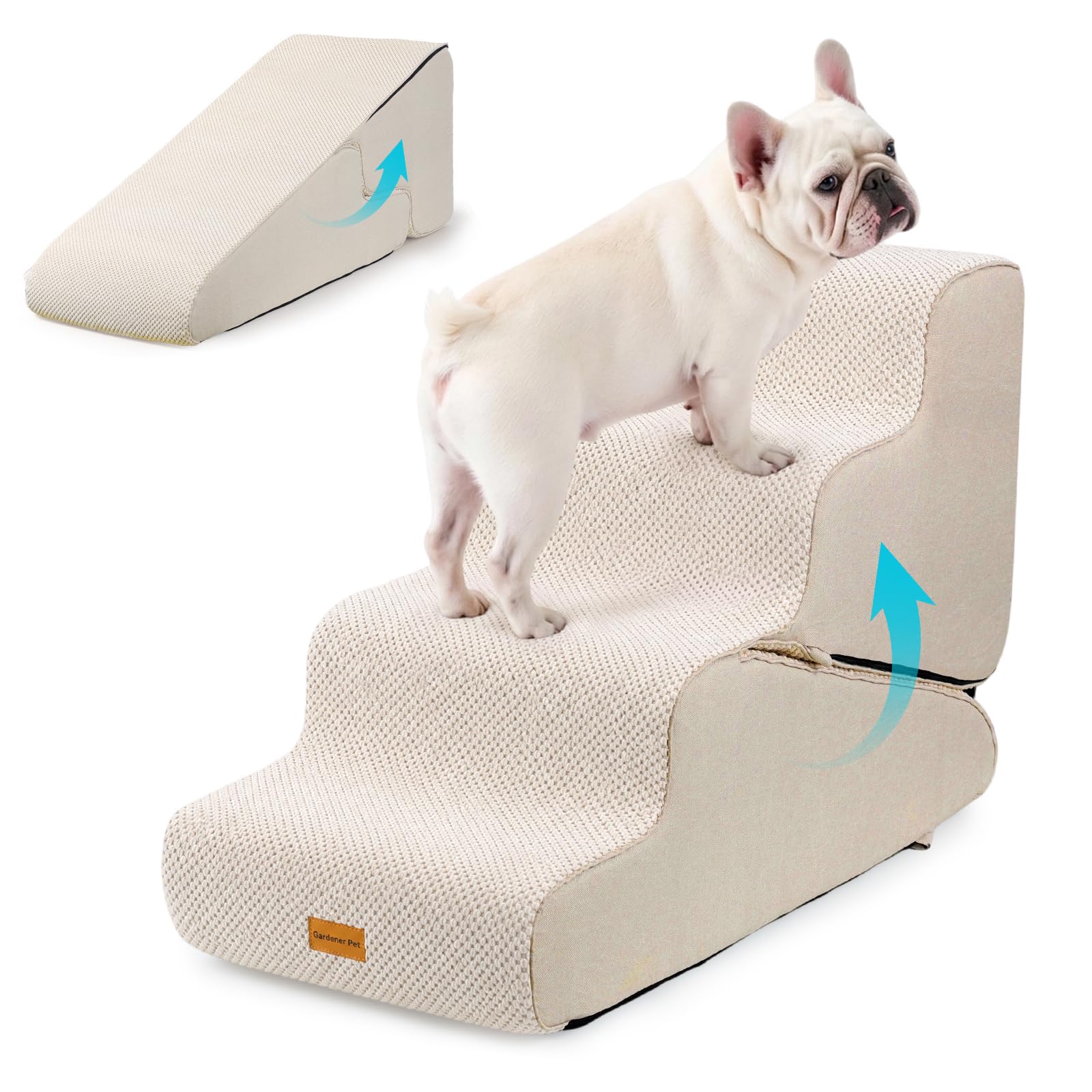 Gardner Pet Dog Stairs for Small Dogs 22" H, 2 in 1 Transformable 4-Step Pet Stairs and Dog Ramp for Couch Bed (23-27 in), Adjustable Pet Steps Beige
