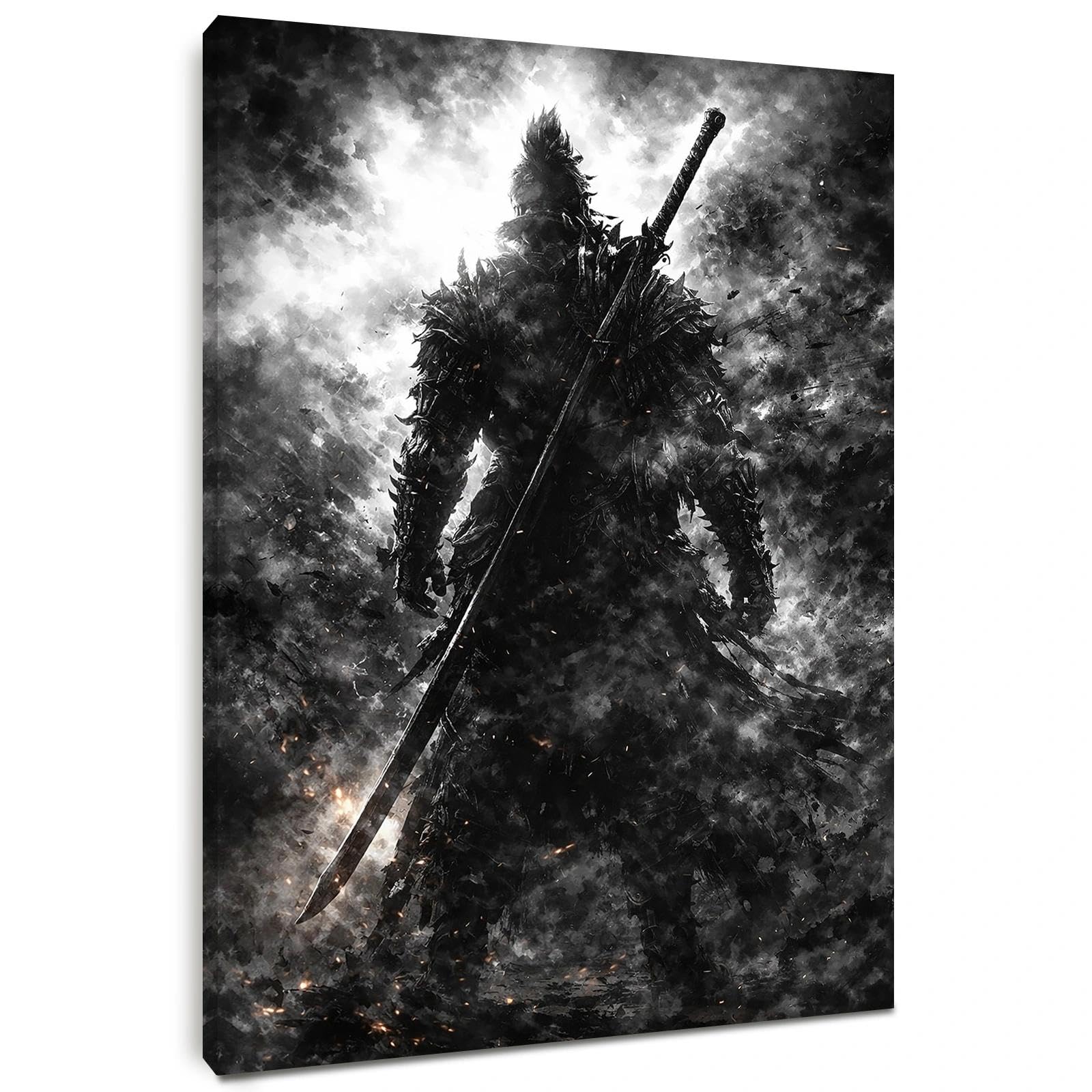 Alptiny Dark Warrior Canvas Print 30x40cm Framed Wall Art with Pine Wood Frame – Monochrome Fantasy Wall Art for Living Room, Bedroom or Office, HD Waterproof, Easy Hang No Drilling