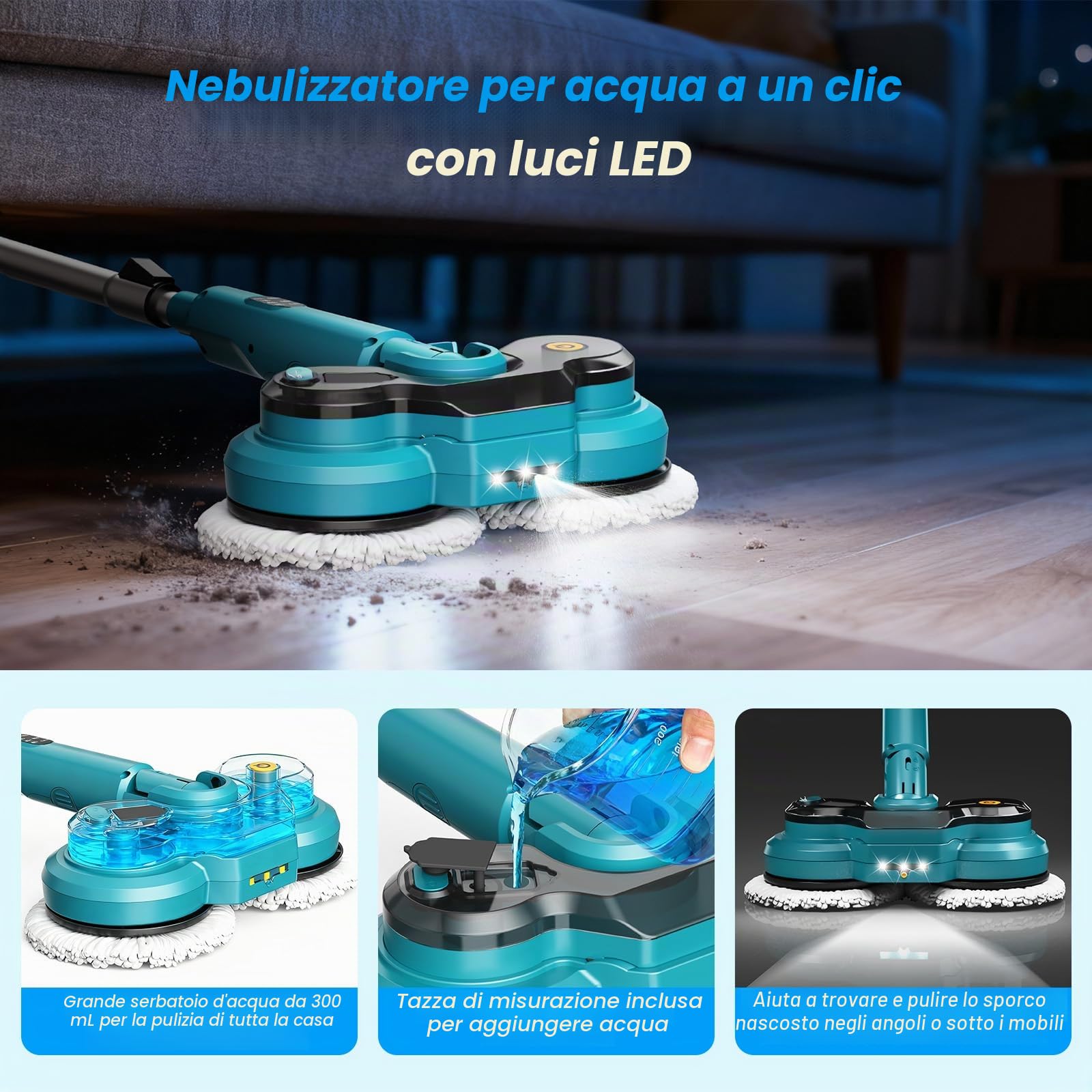Mocio Elettrico Senza Fili con 2 batterie da 2000 mAh,Lavapavimenti Elettrico con Funzione Spray/lluminazione a LED/Display Intelligente,Lucidatrice Pavimenti con Serbatoio Dell'acqua da 300 ml