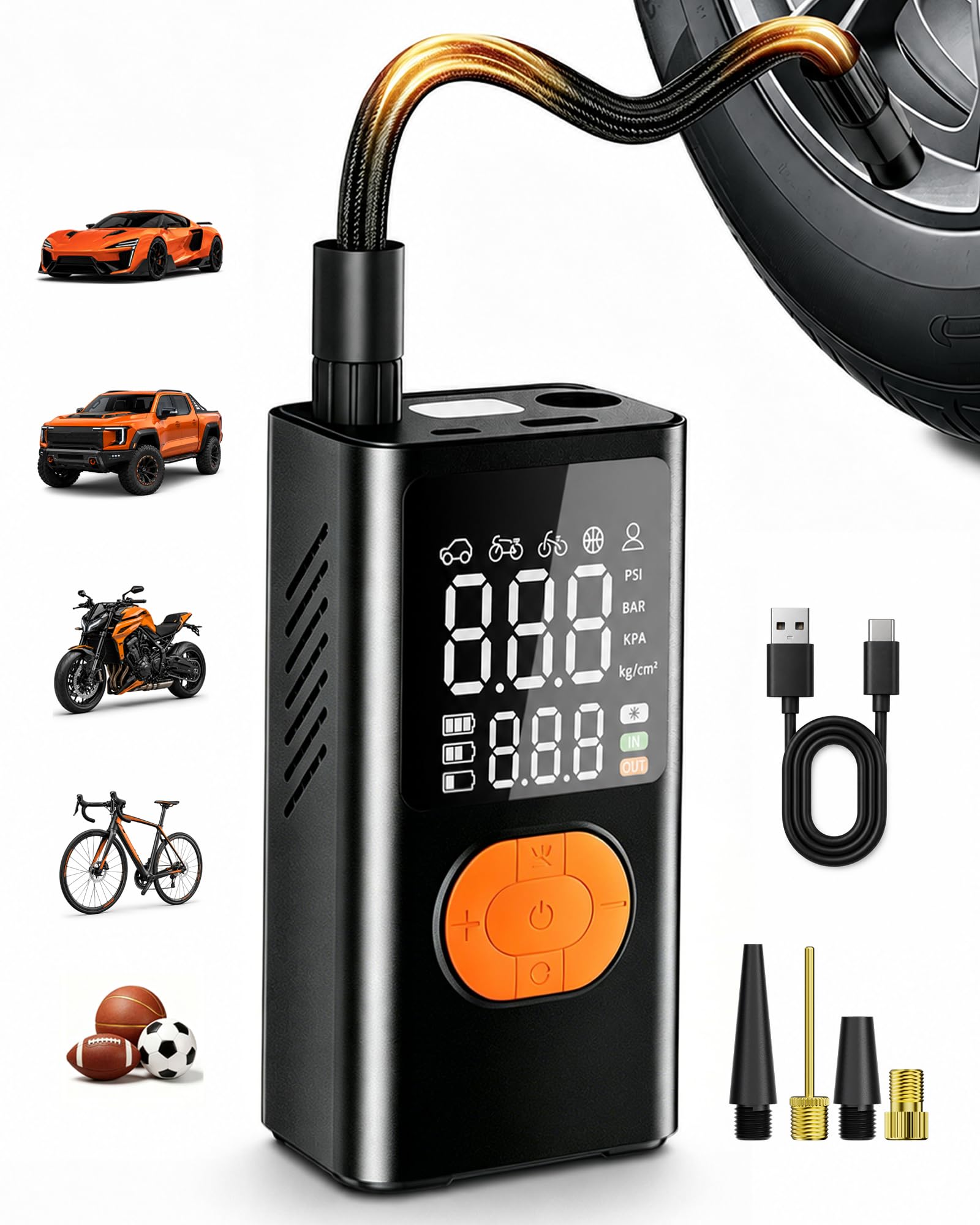 Tire Inflator Portable Air Compressor for Car Tires, 150 PSI Cordless Portable Air Compressor with Digital Pressure Gauge, Auto Shut-Off, LED Emergency Light for Roadside Emergencies