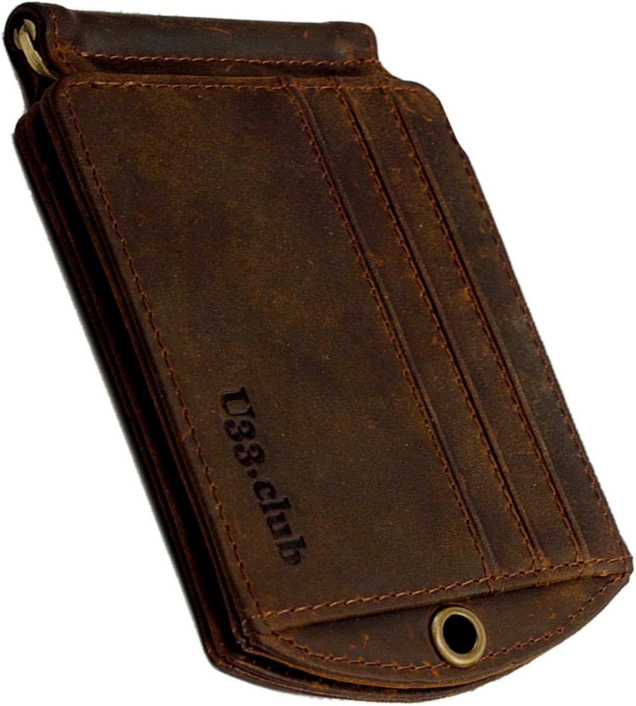 U33 RFID Smart Blocking Slim Genuine Leather Thin Minimalist Front Pocket EDC Wallets for Men with Money Clip and Chain