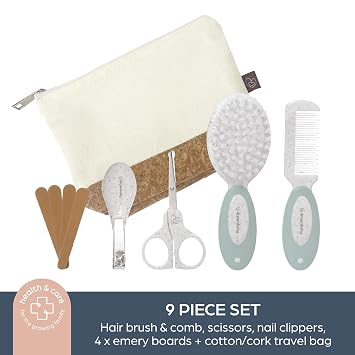 Dreambaby Neat and Tidy 9pc Baby Grooming Kit with Wheatgrass, Baby Hair Brush and Comb Set, Baby Essentials Baby Travel Essential in Cotton and Cork Bag, Eco Conscious Design