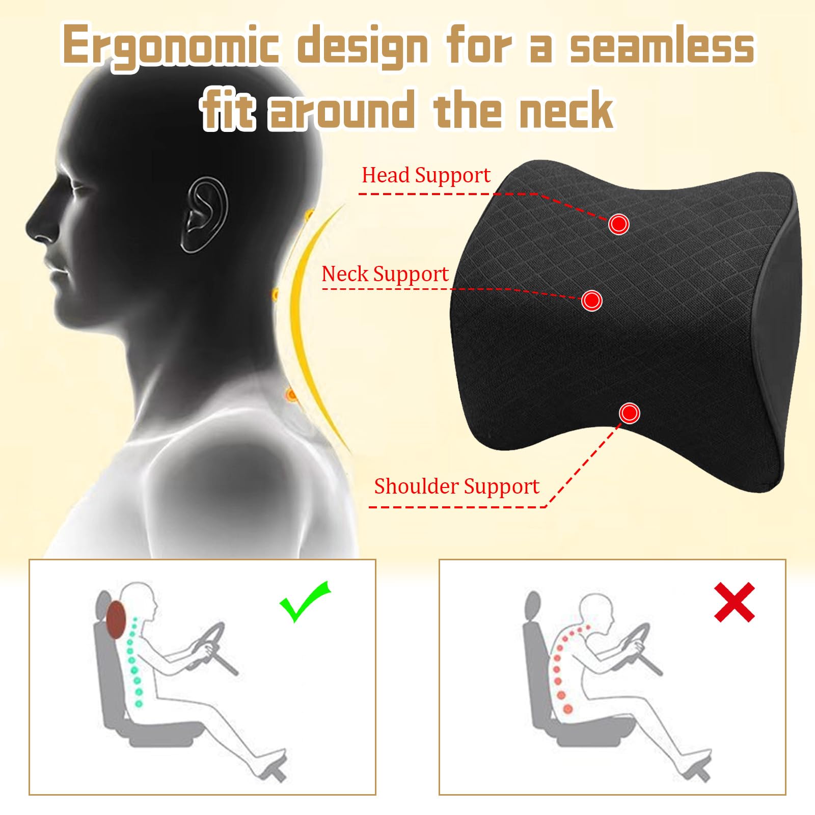 2 Pcs Cojin Reposacabezas Coche Conductor Cojín Cabeza Coche Almohada para Reposacabezas de Coche Soporte de Cabeza y Cuello con Espuma de Memoria y Malla Transpirable para Cuello/Viajar