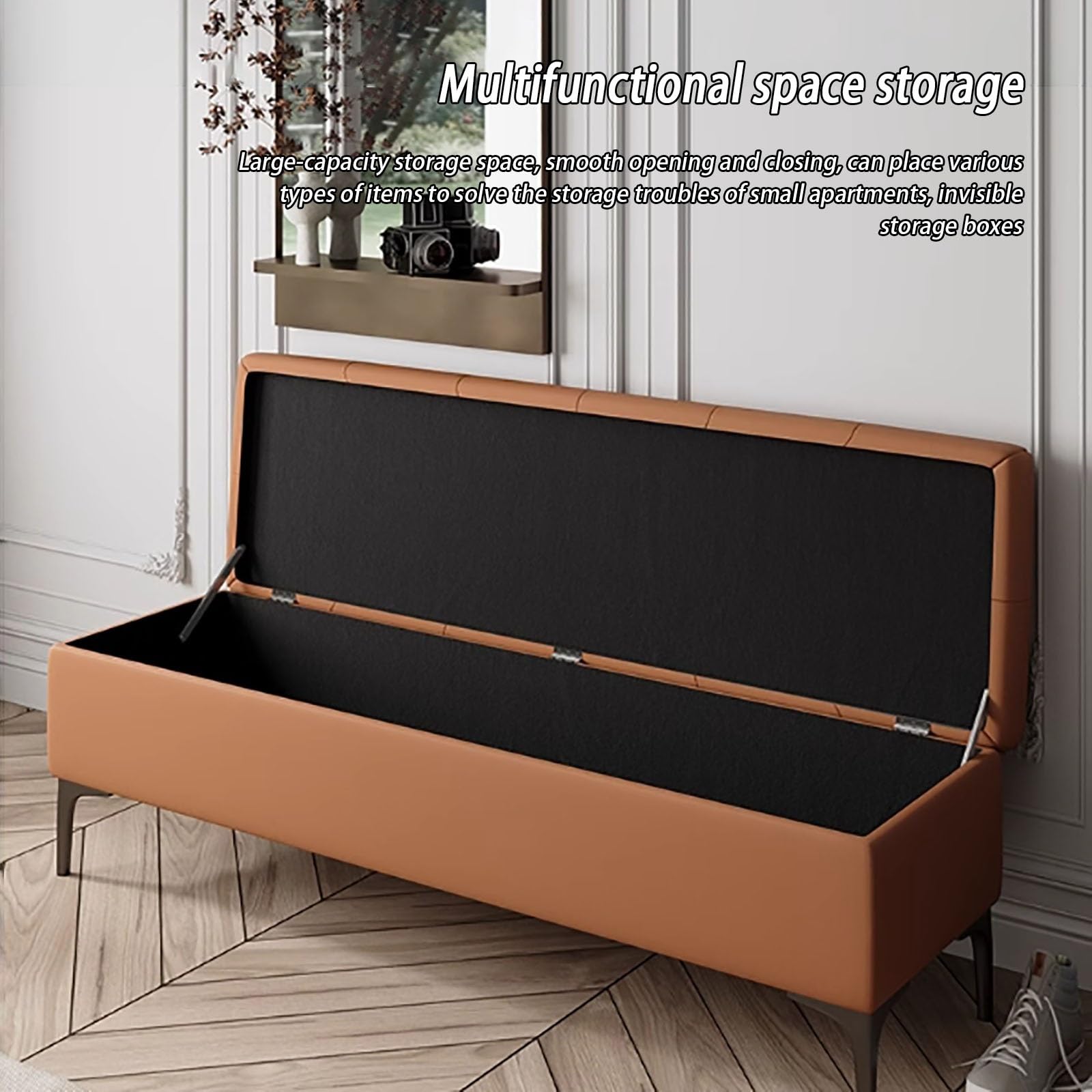 Schmale Staubank mit Deckel, gepolsterte Ottomane für Schlafzimmer Ende des Bettes, Leder gepolsterte Schuhbank, Massivholz Sitz, Eingang Flur Hocker