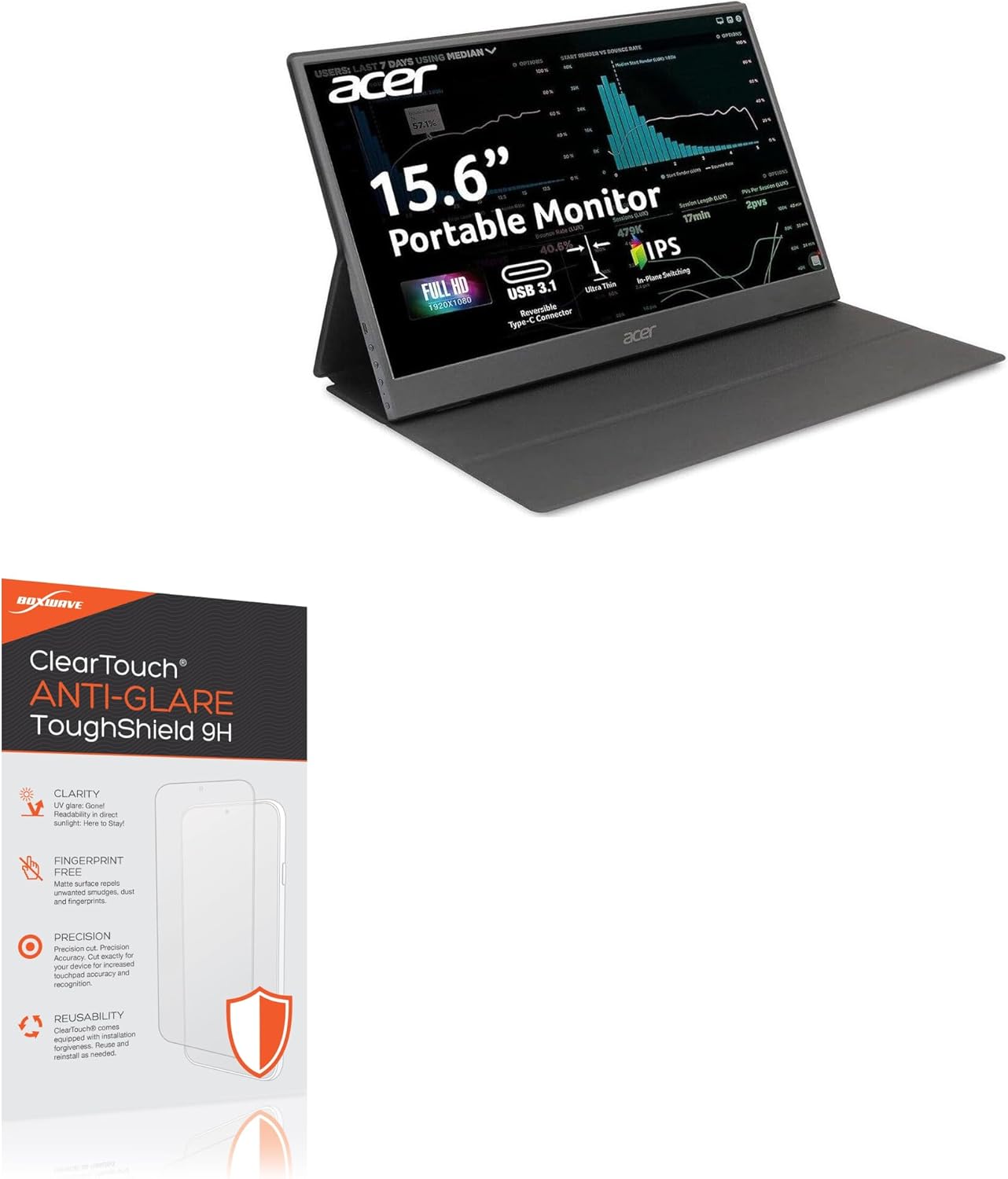 BoxWave Screen Protector Compatible with Acer PM161Q ABMIUUZX (15.6 in) - ClearTouch Anti-Glare ToughShield 9H (2-Pack), Anti-Glare 9H Tough Flexible Film Screen Protector
